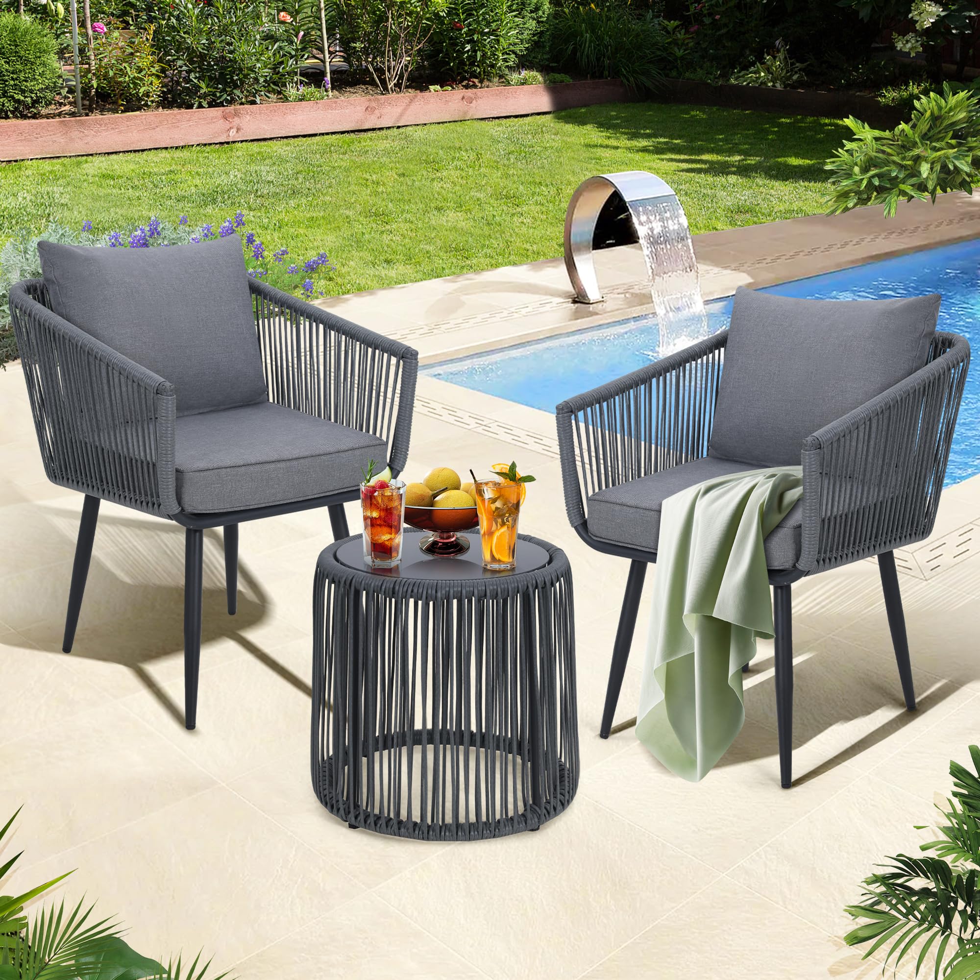 3-Piece Patio Rattan Bistro Set - All-Weather Wicker Outdoor Furniture with Chairs & Side Table - Perfect for Balcony, Porch, Backyard & Garden - Weather-Resistant Grey Rattan Conversation Set for Relaxing, Entertaining & Outdoor Dining