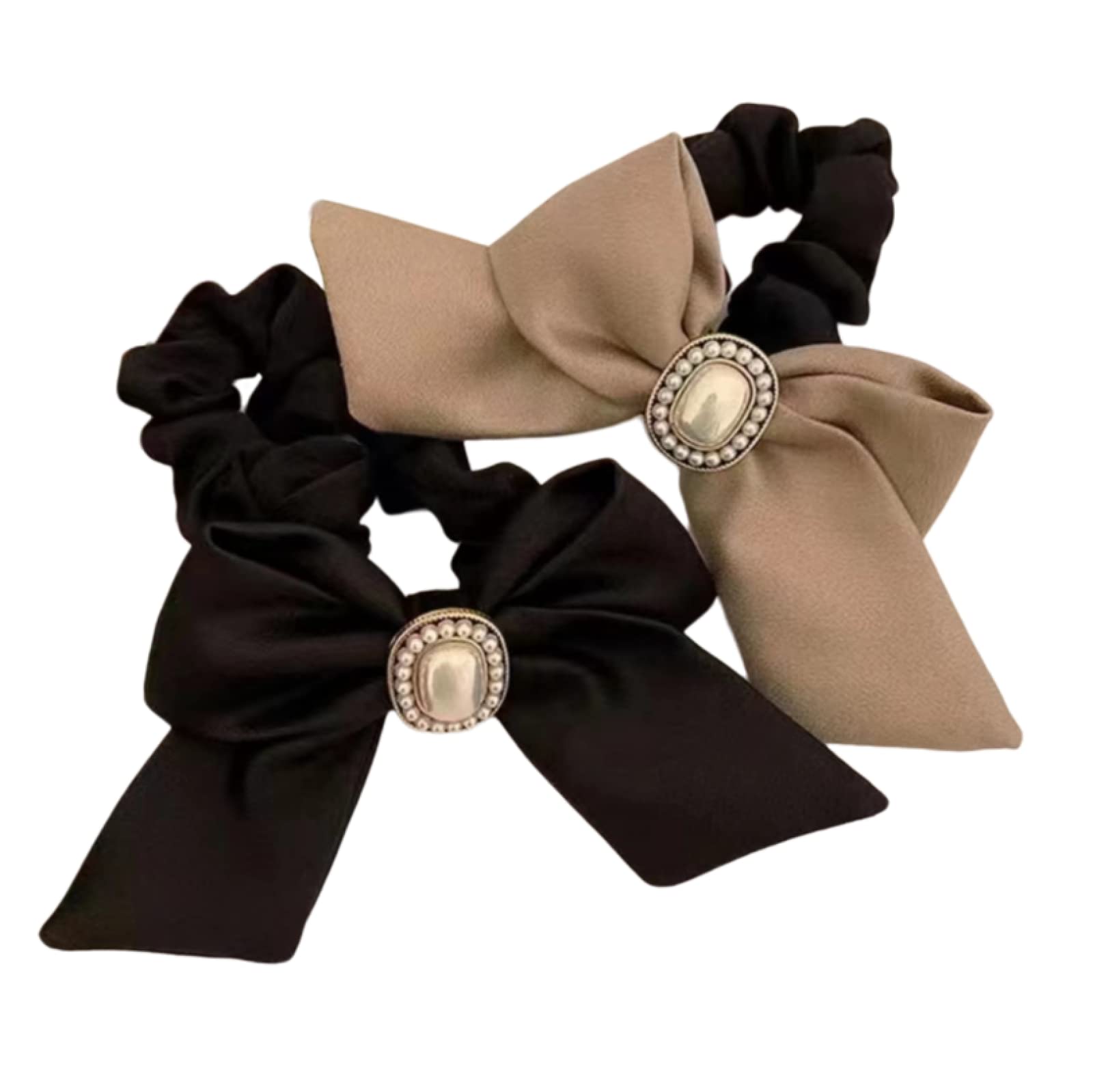 Elegant Satin Hair Scrunchies for Women - 2PCS Rhinestone Pearl Bow Hair Ties, Large Satin Hair Bands for Ponytails, Buns & Braids | Perfect for Weddings, Parties & Everyday Use
