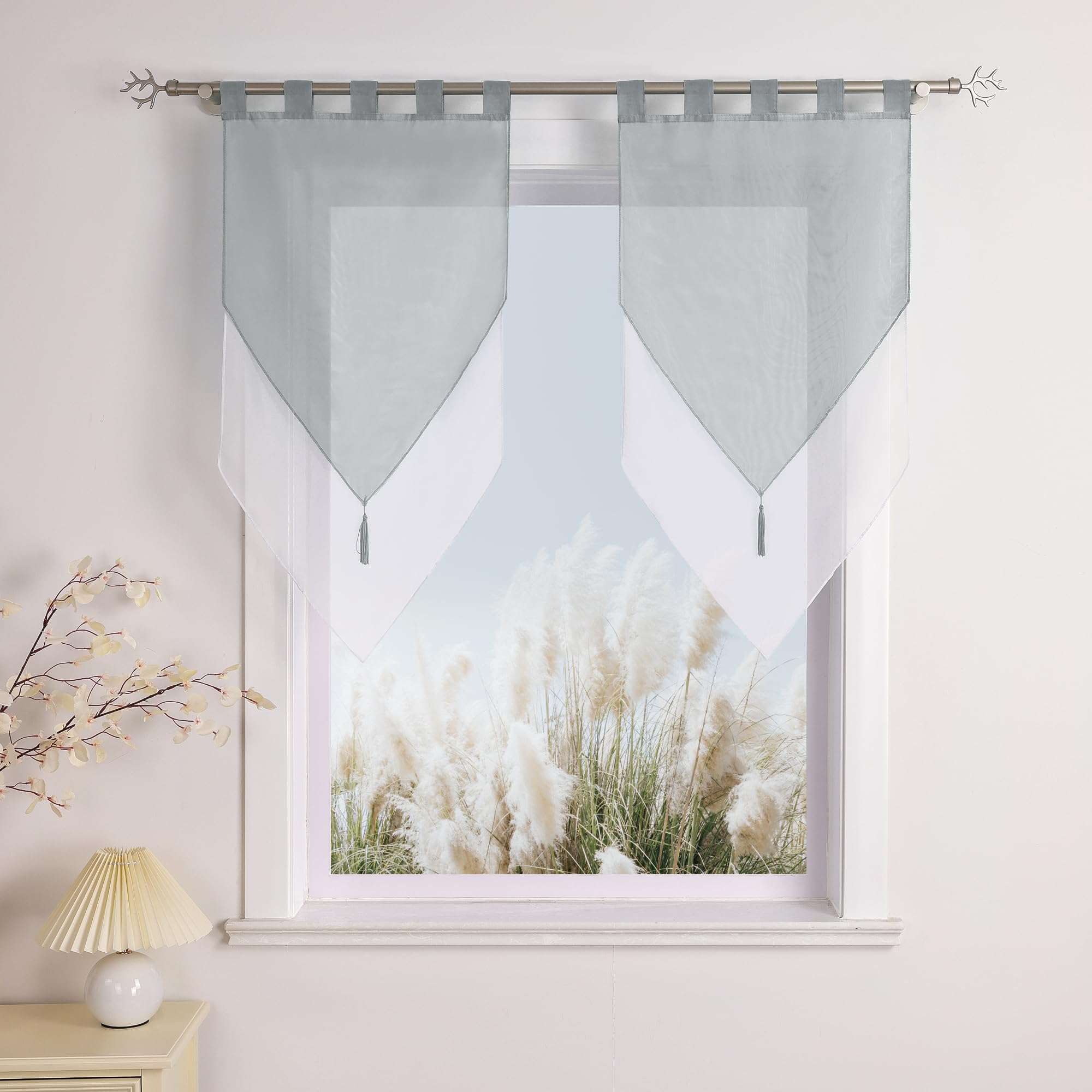 Elegant Sheer Voile Roman Curtains with Tassel Trim - Double Layer Window Valance for Kitchen & Cafe Decor - 2 Panels (Grey, 24x47 Inches) - Perfect for Sunlight Filtering & Privacy in Dining Areas