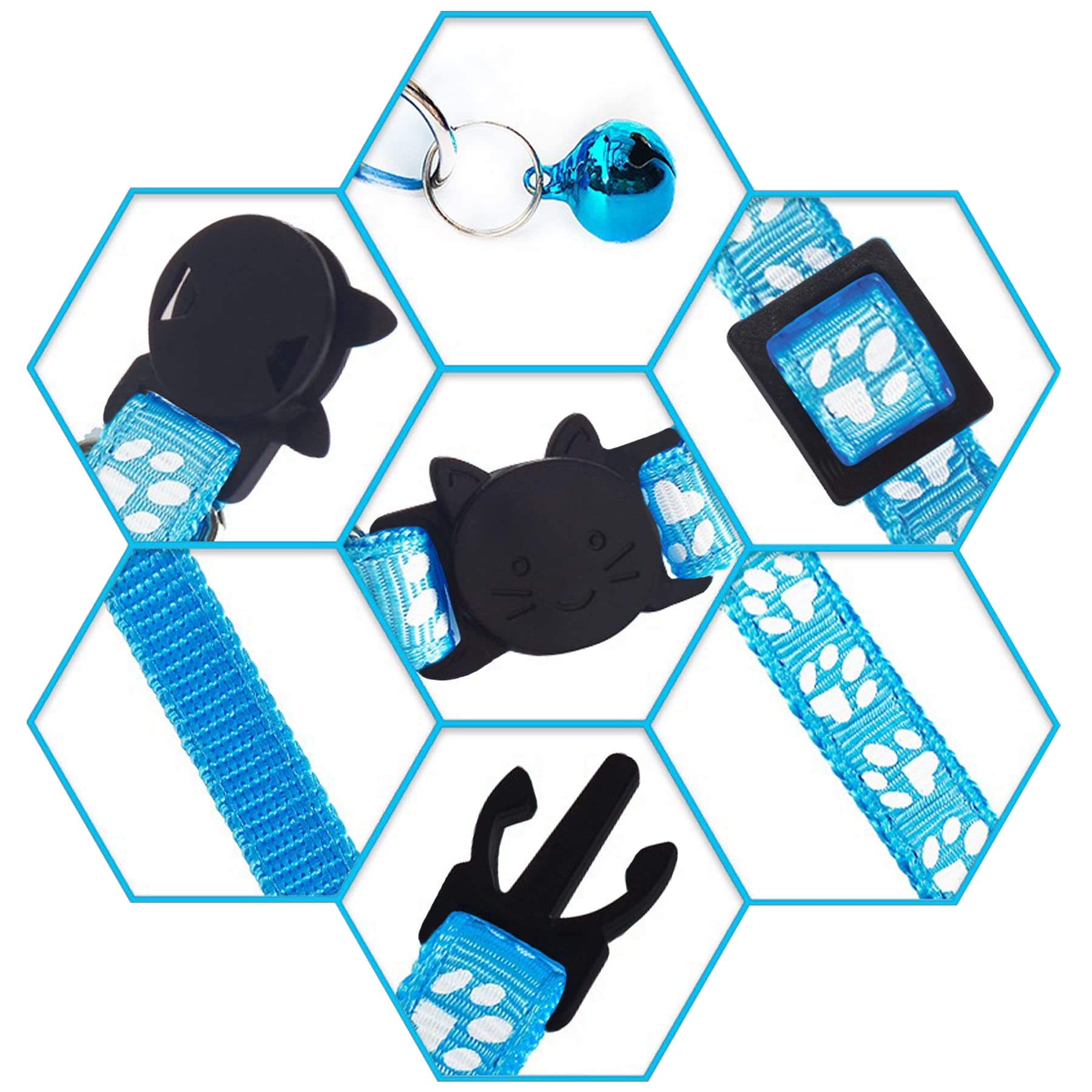 Breakaway Cat Collars with Bell - Reflective & Nylon Pet Collars for Cats & Puppies (2 Black + 2 Sky Blue) - Safe & Stylish for Day & Night Use