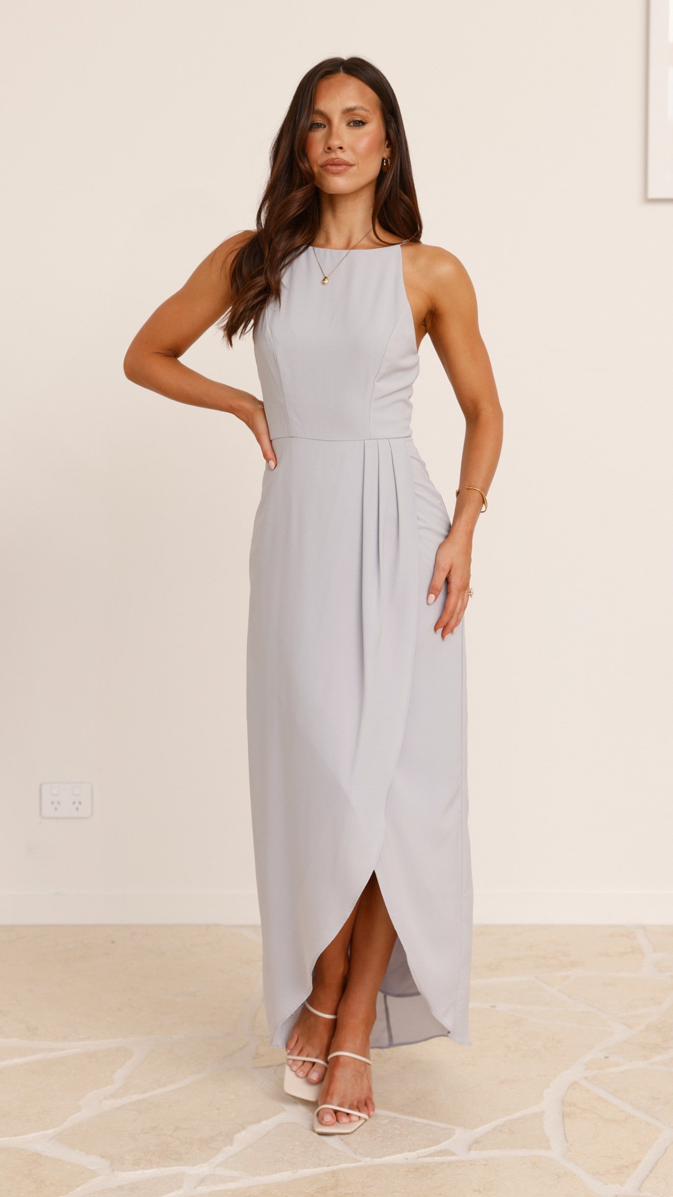Genevieve Boat Neck Maxi Dress - Light Grey Flowy Summer Dress for Women | Beach Wedding, Vacation & Casual Outfit