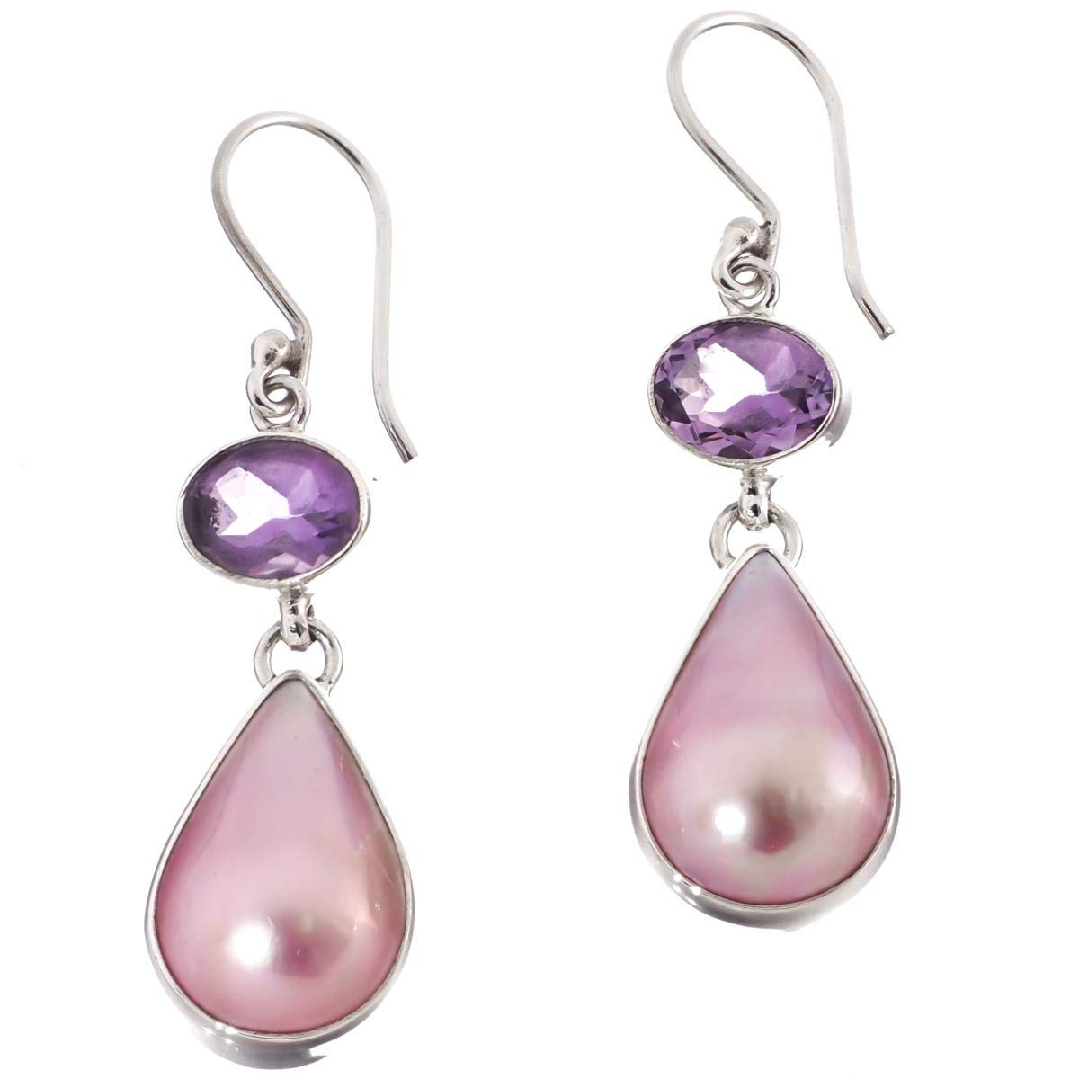 Exquisite Teardrop Pink Mabe Cultured Pearl & Amethyst 925 Sterling Silver Earrings (1.25 Inch) - Elegant Jewelry for Weddings, Parties & Special Occasions