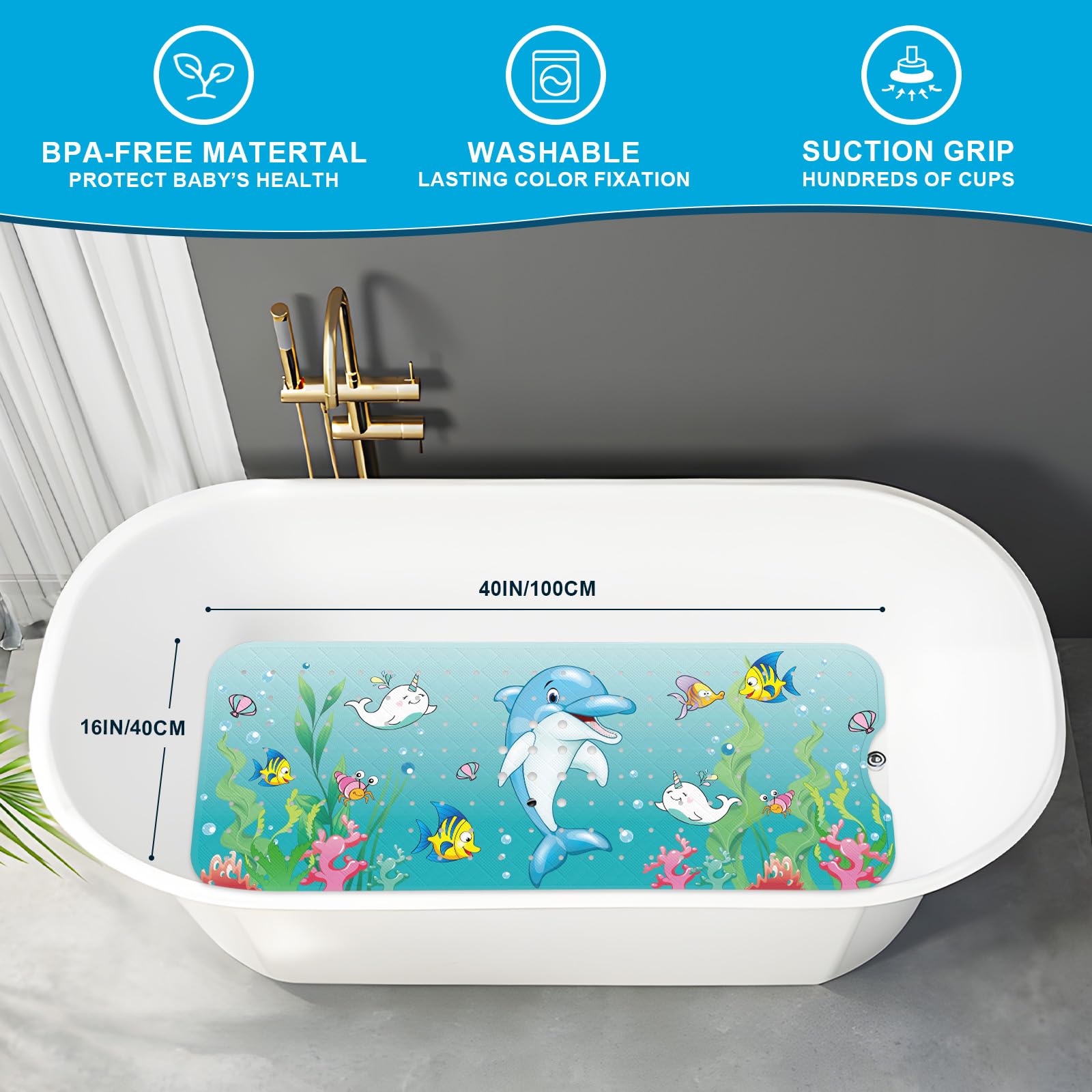 Non-Slip Baby Bath Mat for Kids - Extra Long 40x16 Inch Cartoon Bathtub Mat with Suction Cups & Drain Holes | Machine Washable Dolphin Design | Safe for Toddlers & Infants | Perfect for Bath Time, Shower Safety & Play Areas