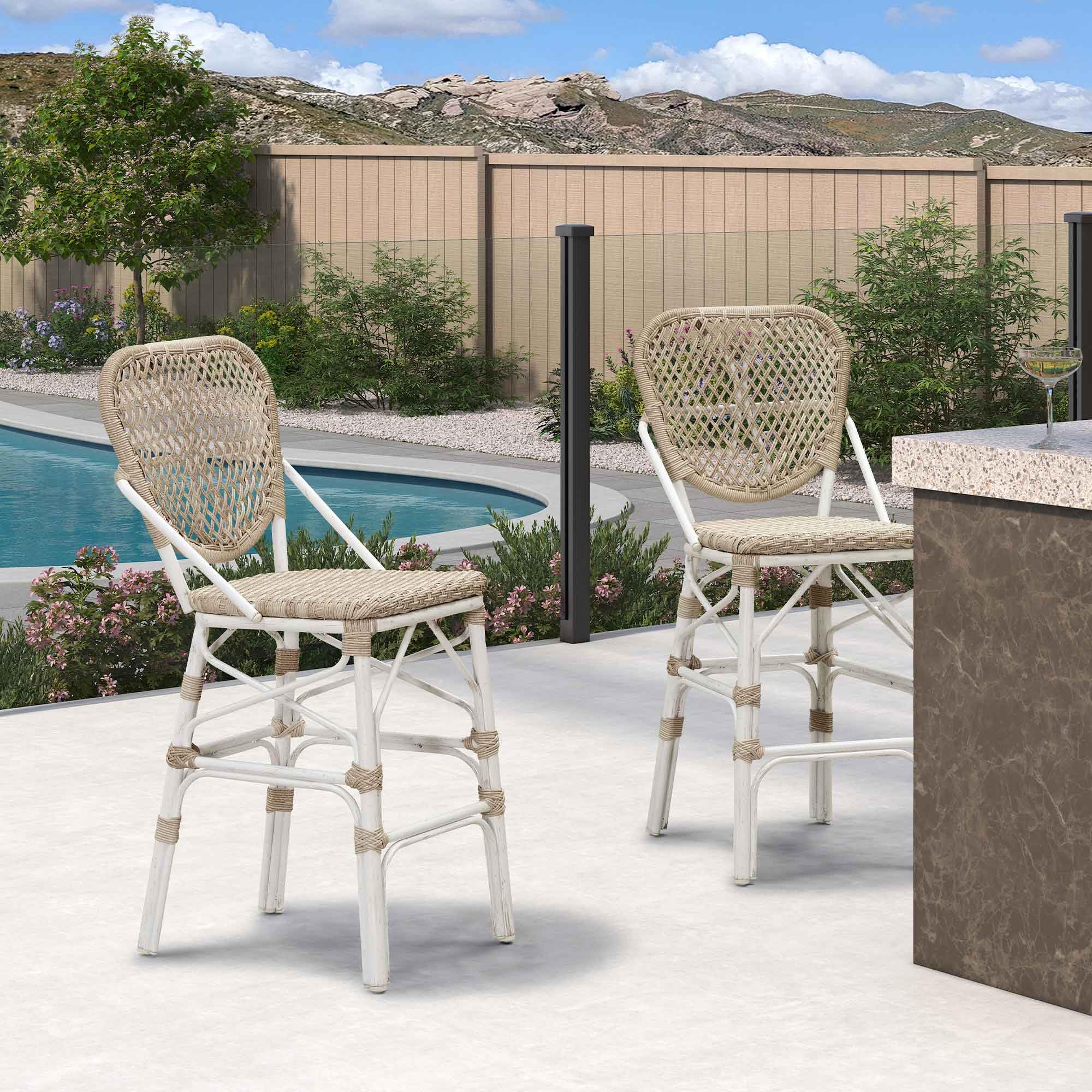 PURPLE LEAF French Counter Height Bar Stools Set of 4 - Rattan Aluminum Patio Barstools with Bamboo Pattern Finish & Back Support for Outdoor Kitchen Island, Poolside, Garden Bar - Light Beige | Perfect for Backyard Entertaining, Outdoor Dining & Lounge Areas