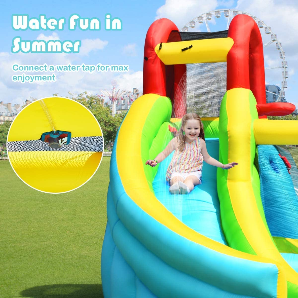 OLAKIDS 6-in-1 Inflatable Water Slide & Bounce House with Climbing Wall, Splash Pool, Basketball Hoop, Water Gun - Outdoor Water Park Jumping Castle for Kids - Includes Carrying Bag, Hose & Blower - Perfect for Backyard Parties, Summer Fun & Family Gatherings