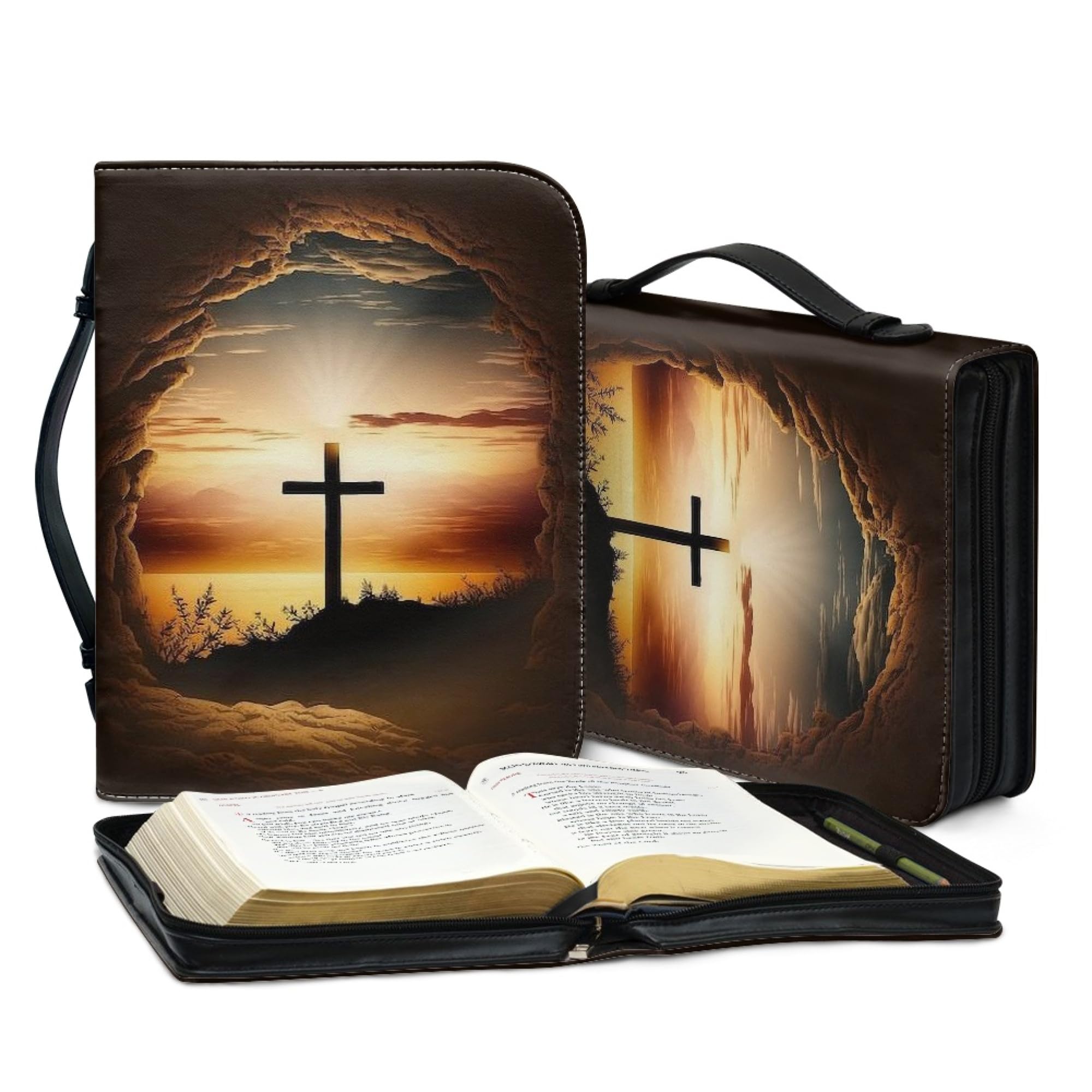 Bengbobar Faith Cross Bible Cover for Men & Women - Large Size Faux Leather Waterproof Bible Case with Handle, Pencil Holder & 2 Bookmarks - Perfect for Church, Travel & Bible Study (XL)
