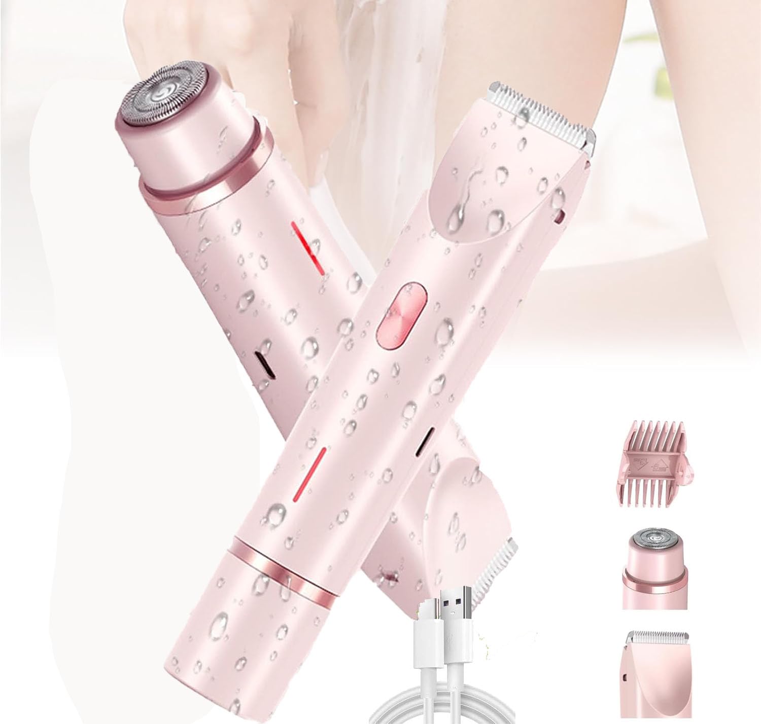 Arliven Electric Bikini Trimmer for Women - 2 in 1 Dual Head Lady Shaver with USB Rechargeable Bald Cat Razor - Painless Hair Removal for Bikini Line, Legs & Underarms - Pink