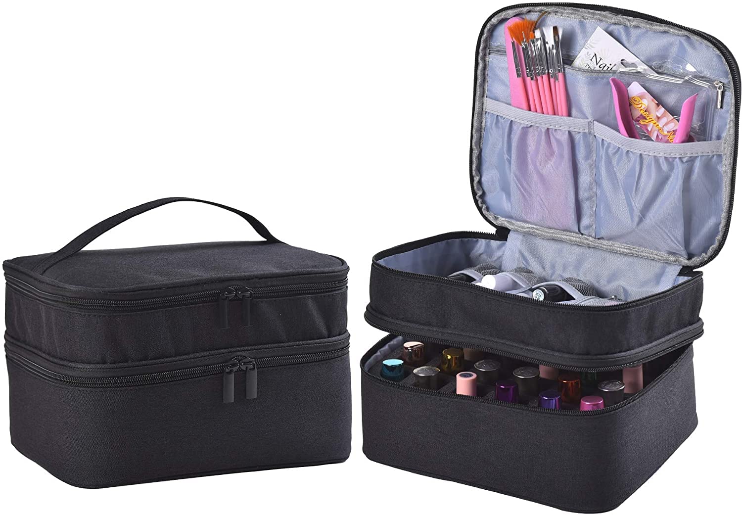 30 Bottles Nail Polish Organizer - Double Layer Nail Varnish Storage Case with Handle | Portable Nail Supply Organizer for Salon, Travel & Home Use (Black)