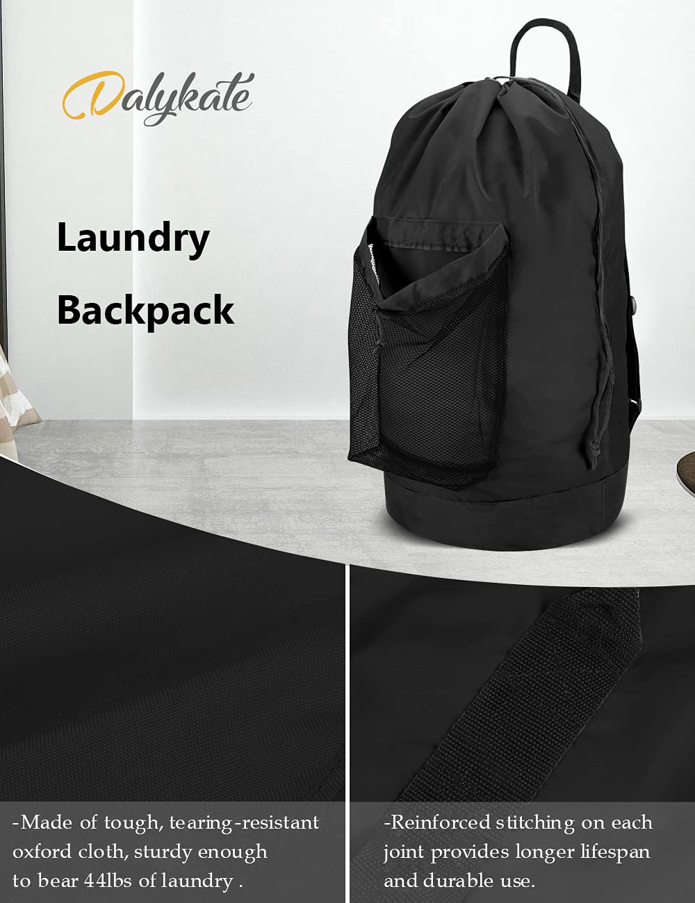 Dalykate Laundry Backpack - Durable Nylon Drawstring Clothes Hamper with Shoulder Straps & Mesh Pocket | Perfect for College Students, Travel, Laundromat & Apartment Use | Portable Laundry Solution for Dorms, Camping & Gym