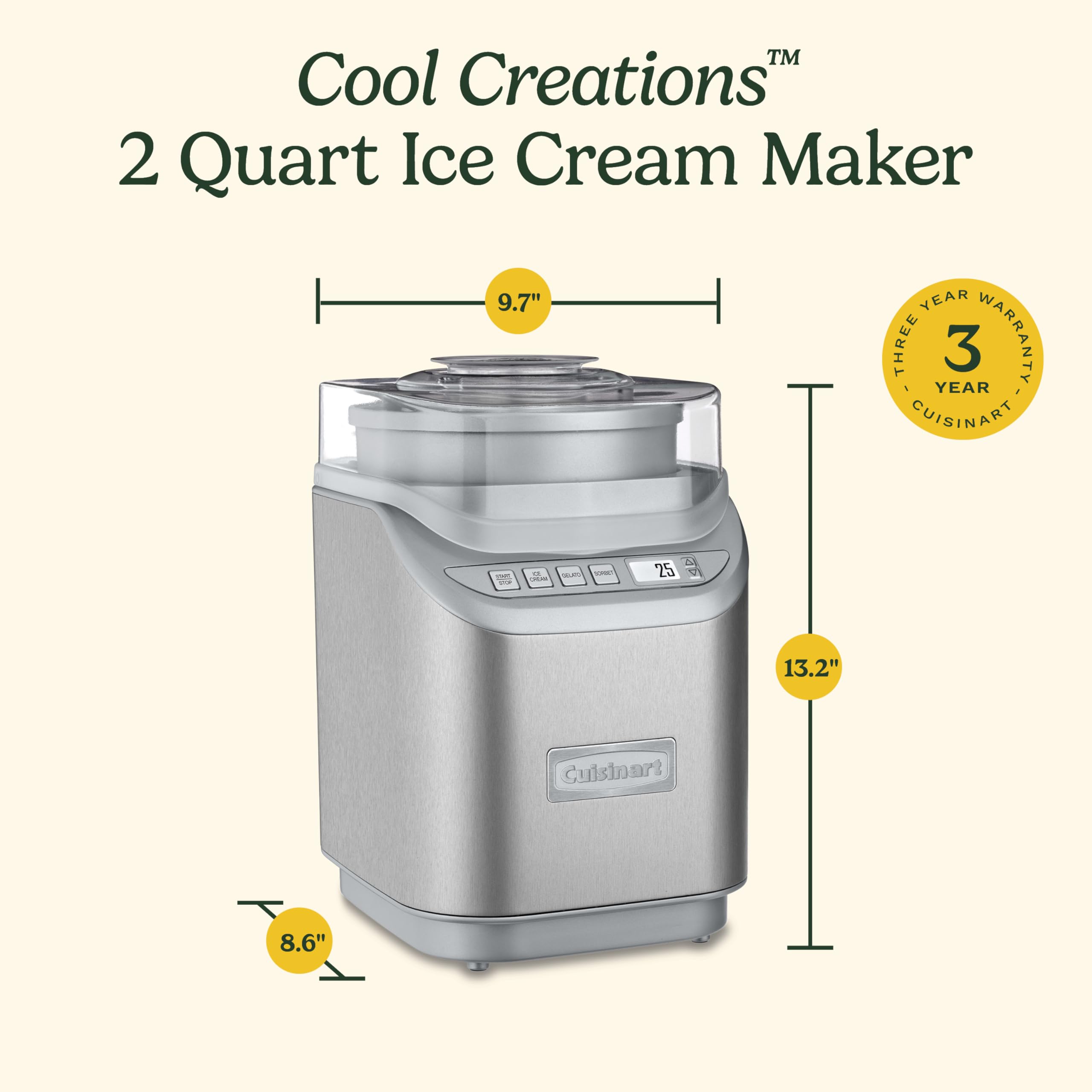 Cuisinart ICE-70P1 2-Quart Ice Cream Maker Machine with LCD Screen & Timer - Make Frozen Yogurt, Gelato, Sorbet - Stainless Steel Cool Creations - Perfect for Parties, Family Desserts & Summer Treats
