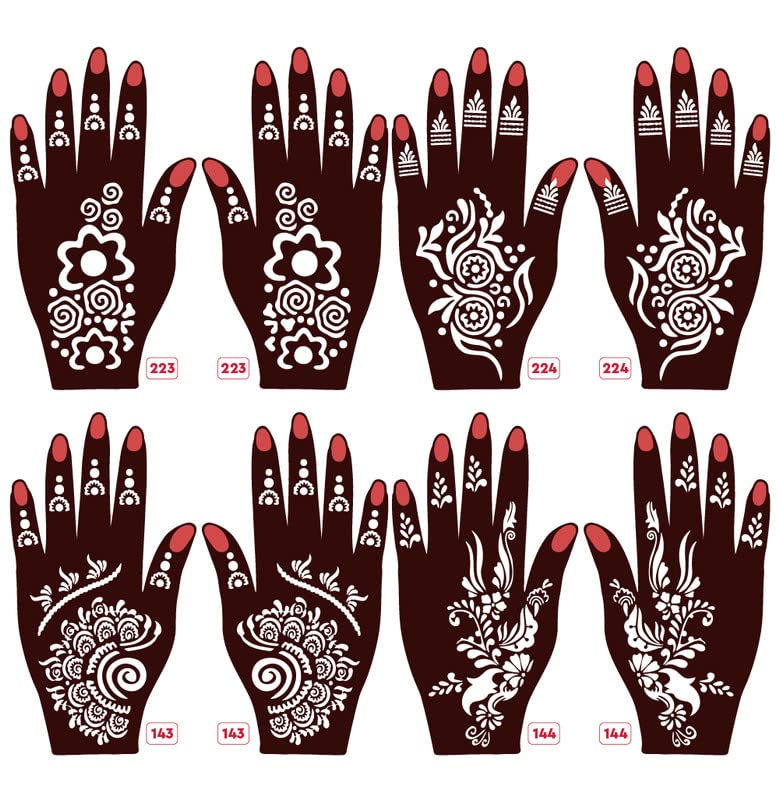 Apcute 8-Piece Henna Stencil Kit for Hands - Easy Mehndi Design Templates for Girls, Women & Kids | Quick DIY Mehndi Art | Perfect for Weddings, Parties & Festivals (Design-Set8-B-223-224-143-144)