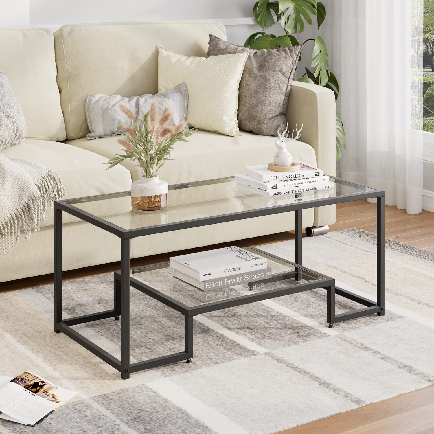 NAFORT 45 Inch Gold Rectangular Tempered Glass Coffee Table with Lower Storage Shelf - Modern Living Room Center Table for Home Decor (Black) | Perfect for Small Spaces, Apartments & Contemporary Interiors