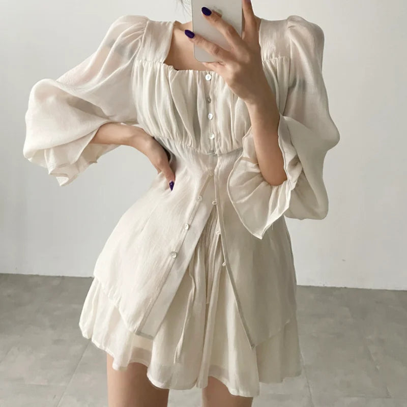 2023 Women's Summer Outfits - Long Sleeve Blouse & Thin Shorts 2-Piece Set | Pure Color Fairy Style | Perfect for Beach Vacations, Date Nights & Casual Outings