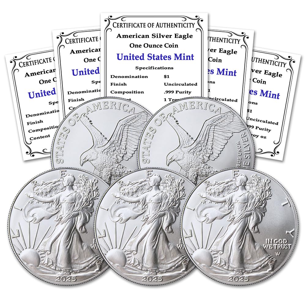2025 American Silver Eagle Coins (5-Pack) - 1 oz .999 Fine Silver Brilliant Uncirculated BU with COA - Perfect for Investment, Collecting & Gift Giving