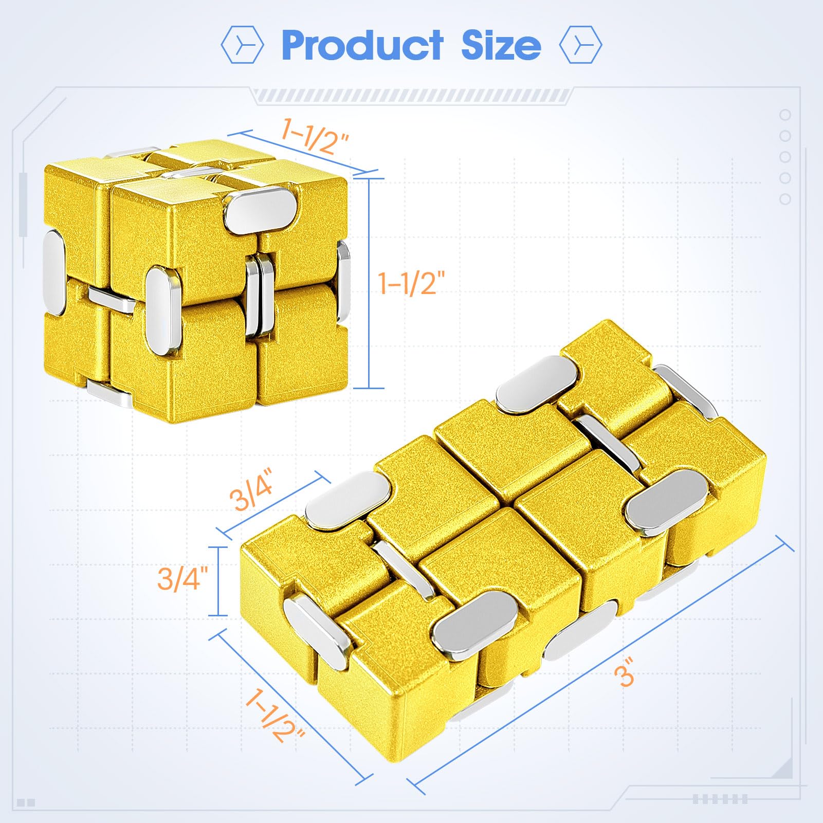 Metal Infinity Cube Fidget Toy - Punk Style Zinc Alloy Stress Relief Desk Gadget for Adults with Durable Case | Anxiety Relief, Office Focus Tool & Cool Gift for Gamers (Yellow)