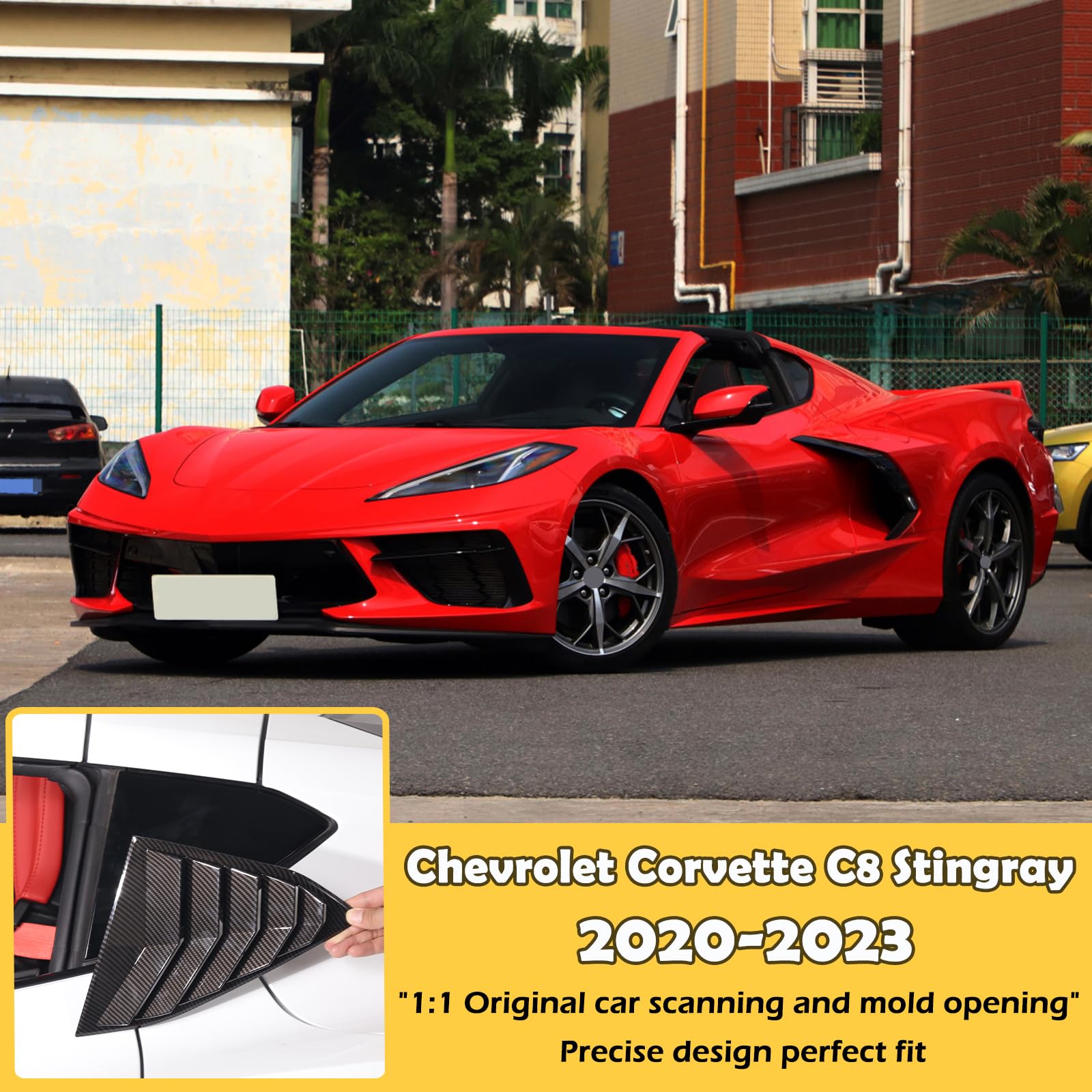 **Corvette C8 Stingray 2020-2023 Rear Side Window Louver Cover - Carbon Fiber Pattern Air Vent Shades & Trim Pair - Enhances Style & Aerodynamics for Sports Car Enthusiasts**
