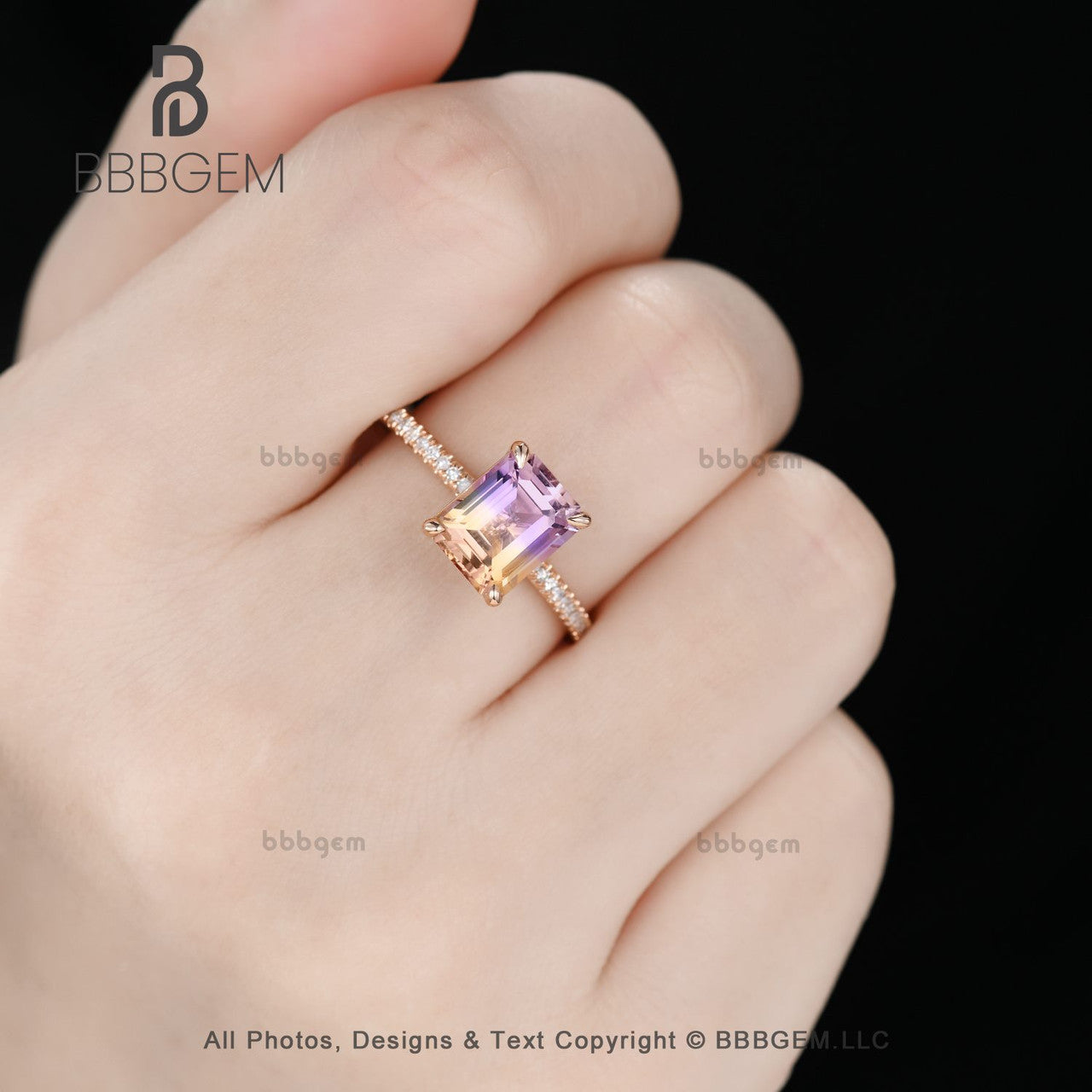 14K Rose Gold Emerald Cut Ametrine Solitaire Ring - Dainty Prong Set Amethyst Jewelry for Women, Valentine's Day Gift, Everyday Wear & Special Occasions