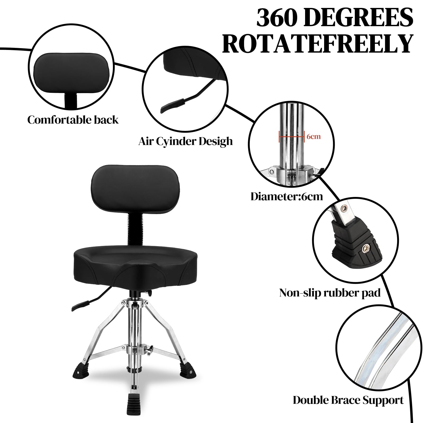 **Heavy Duty Hydraulic Drum Throne with Backrest - Adjustable Height Drum Stool, Ergonomic Saddle Seat for Drummers (Black) - Perfect for Live Performances, Studio Sessions & Practice**