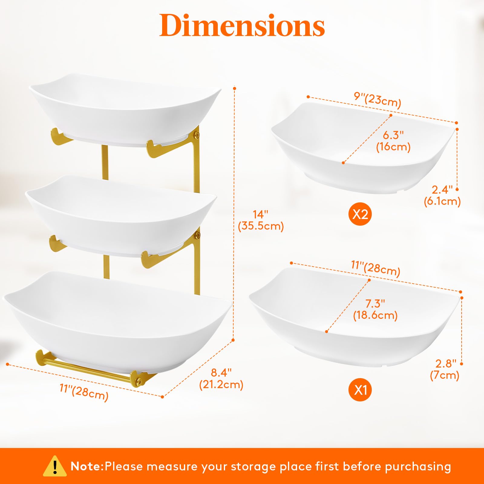 3-Tier Plastic Fruit Bowl Basket with Gold Metal Stand - Kitchen Countertop Organizer for Fruits, Vegetables, Cakes & Desserts | Perfect for Party Serving, Dining Room Decor & Gift Giving