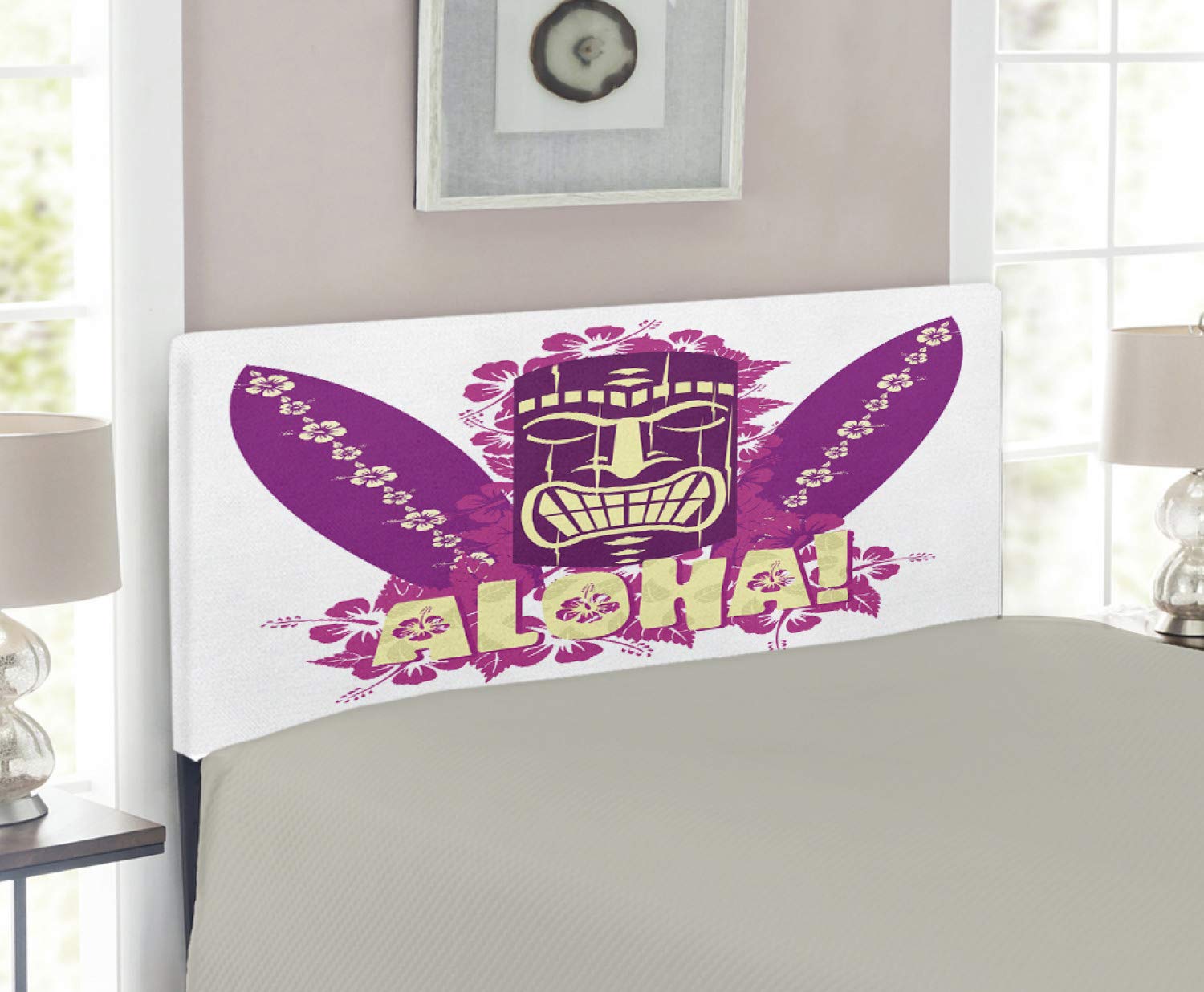 Ambesonne Tiki Bar Headboard - Hand-Painted Hawaiian Hibiscus & Surfboard Design - Upholstered Metal Bed Frame with Memory Foam - Twin Size in Pale Yellow & Hot Pink - Perfect for Beach-Themed Bedrooms & Tropical Home Decor