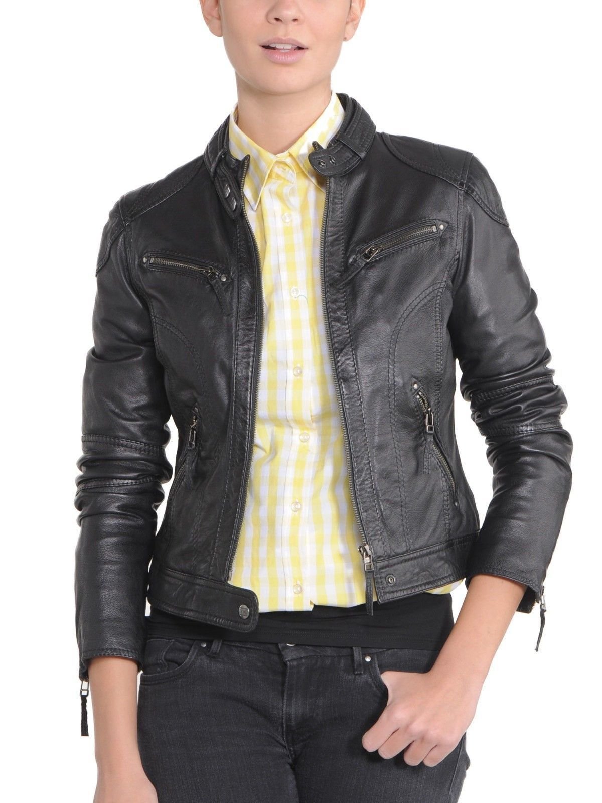 Women's Genuine Leather Motorcycle Jacket - Quilted Bomber Biker Jacket for Women, Stylish Black Outerwear for Riding & Casual Wear