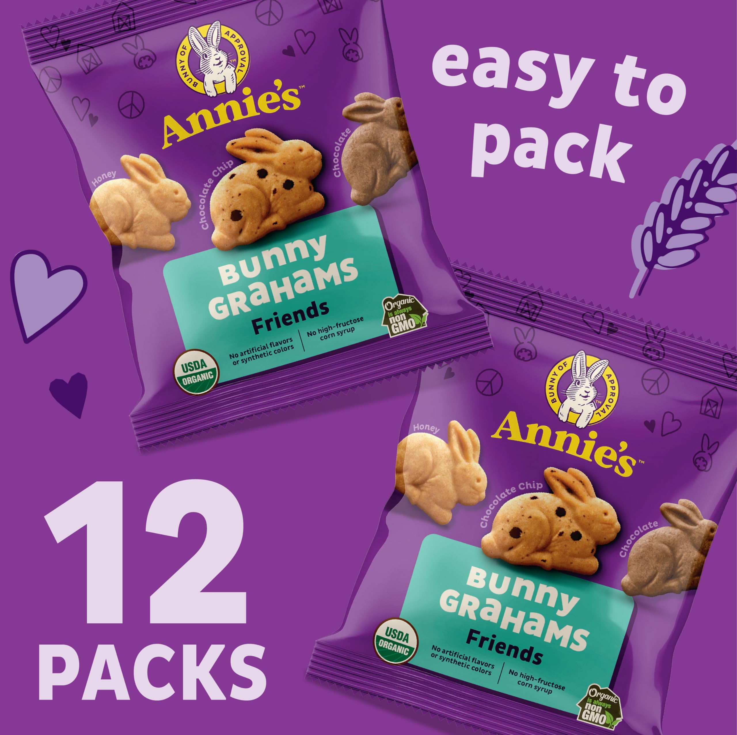 Annie's Organic Bunny Grahams Snacks - Chocolate Chip, Chocolate & Honey Flavors, 12 Pouches (12 oz Each), Pack of 4 | Healthy Baked Graham Crackers for Kids Lunch, School Snacks & On-the-Go Treats