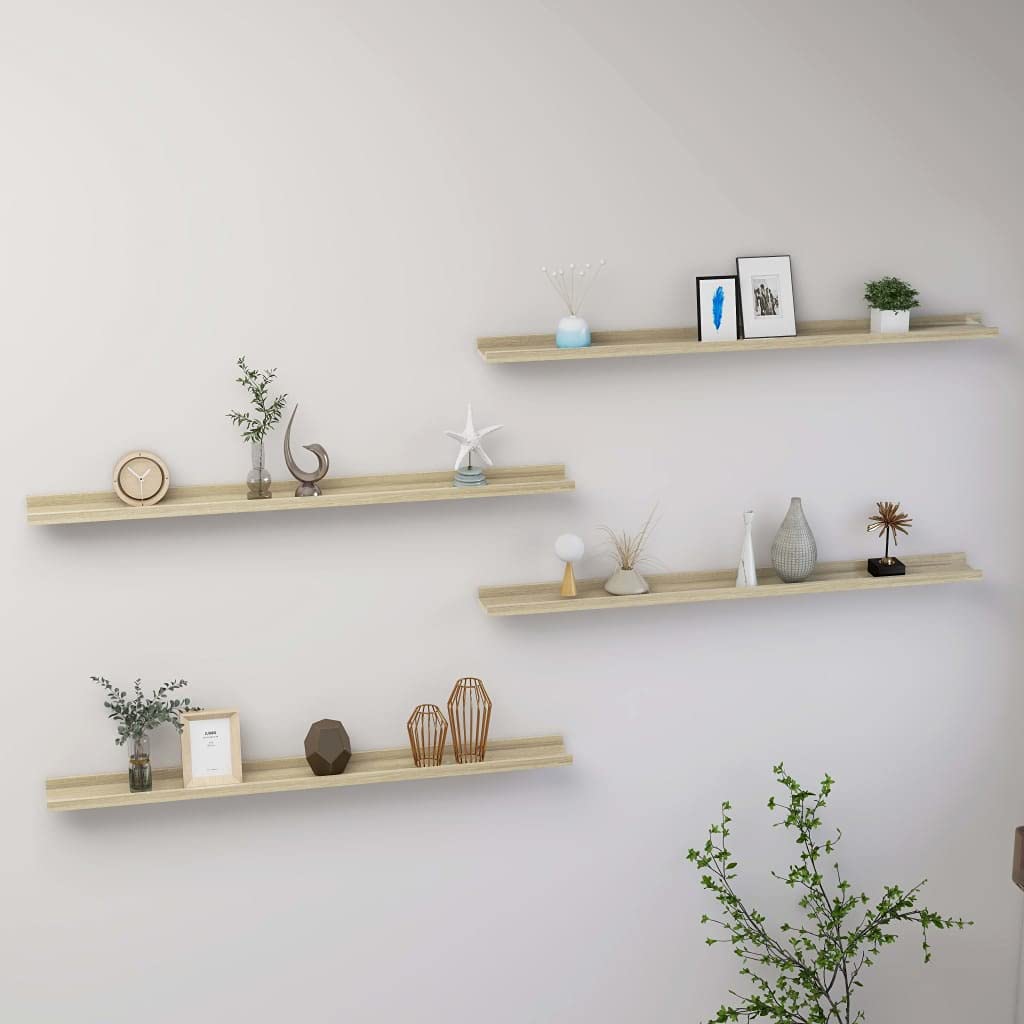 vidaXL Set of 4 Sonoma Oak Wall Shelves - MDF Wall-Mounted Shelving for Books, Collectibles & Home Decor | Modern Floating Shelves for Living Room, Bedroom & Office Organization
