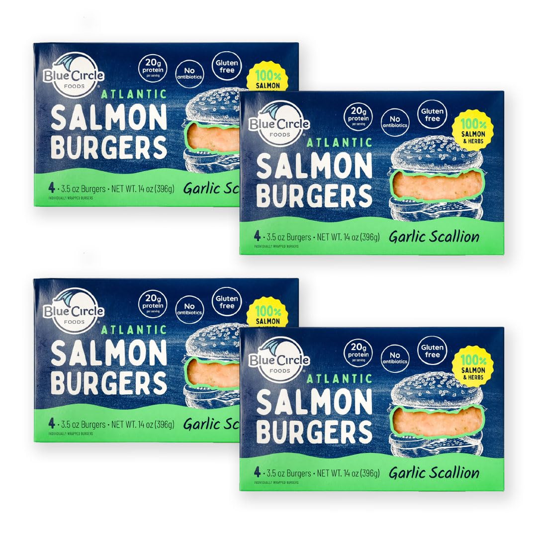 Sustainable Wild Caught Salmon Burgers - Ready to Cook Garlic Scallion Flavor (4 Pack) | High Protein Gluten-Free Frozen Fish Patties for Grilling, Air Frying & Quick Healthy Meals