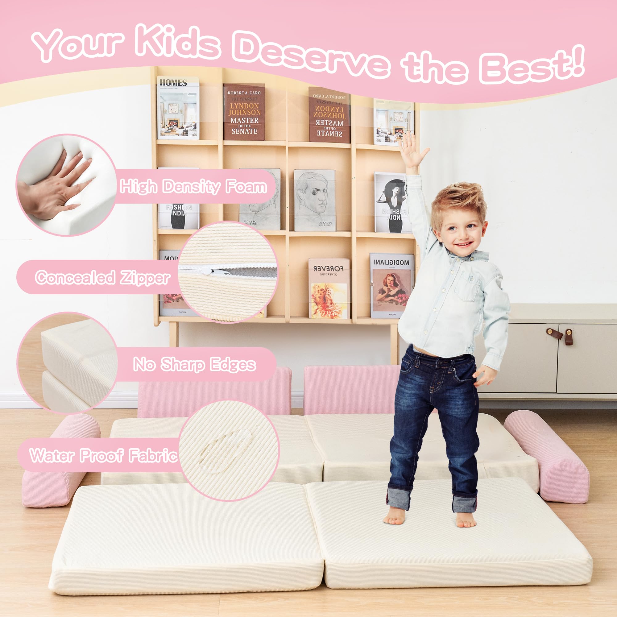 Modular Kids Play Couch - 5 Second Instant Expansion Corduroy Sofa for Playroom (Pink & Beige) - Perfect for Indoor Playtime, Reading Nook & Toddler Relaxation