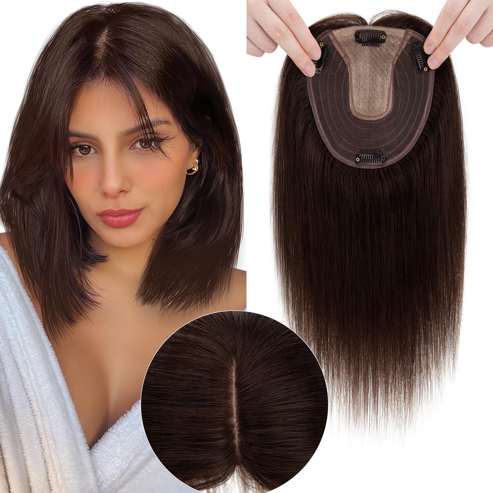 Premium Human Hair Toppers for Women - No Bangs, 13x15cm Silk Base, 150% Density Clip-In Hairpiece for Thinning Hair | Dark Brown (14 Inch) - Perfect for Daily Wear, Special Occasions & Hair Volume Enhancement