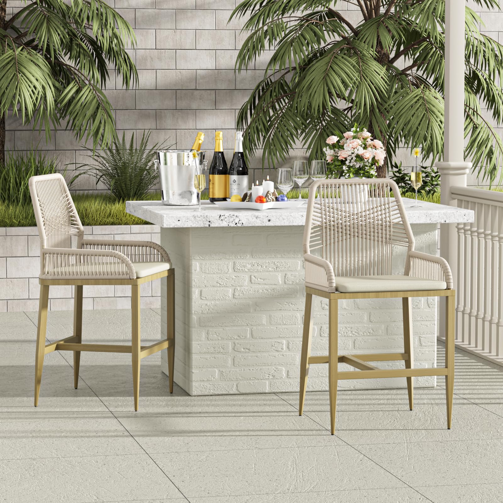 Set of 2 Boho Rattan Bar Stools 26.5