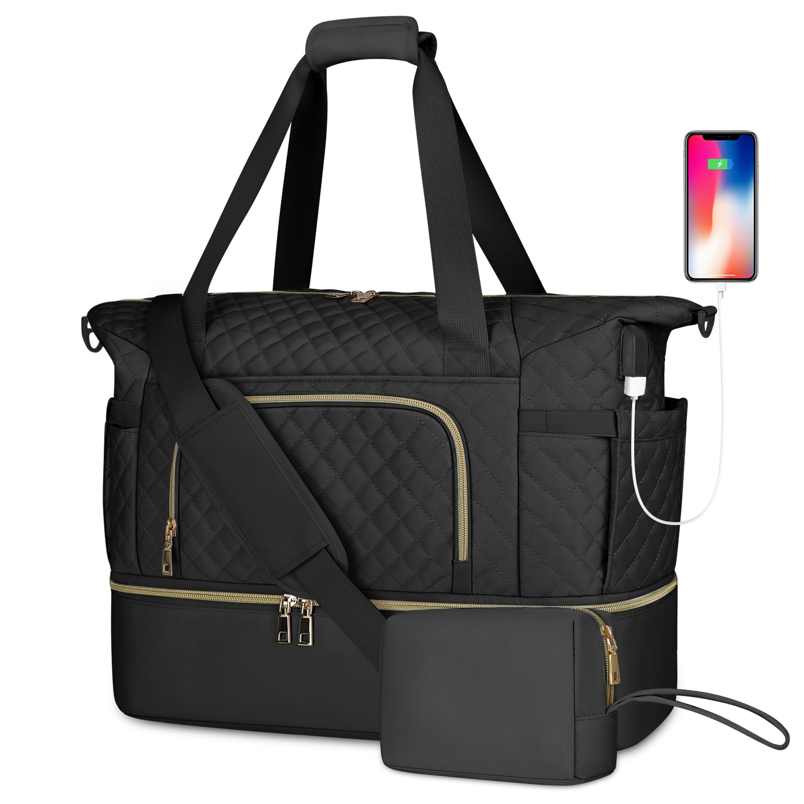Large Duffle Gym Bag for Women - Waterproof Travel Weekender with Wet Pocket, USB Charging Port & Shoe Compartment - TSA Approved Carry On for Sports, Overnight Trips & Hospital Visits (Includes Toiletry Bag, Black) - Perfect for Gym, Travel, Workouts & Weekend Getaways