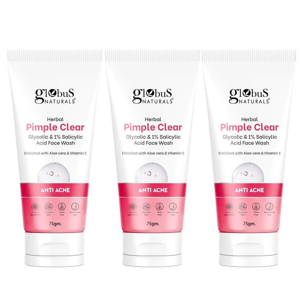Globus Naturals Glycolic & 1% Salicylic Acid Acne Face Wash with Orange & Almond Extract - Oily & Acne Prone Skin Treatment - 75g (Pack of 3) - Deep Cleansing for Clear Skin, Daily Use for Teens & Adults