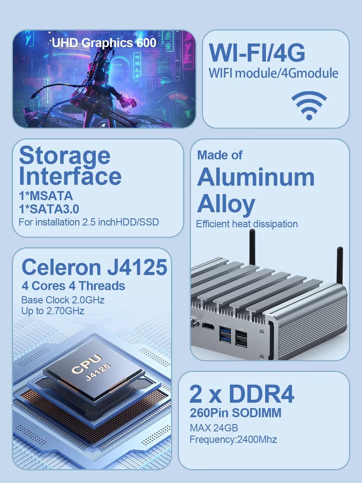WEIDIAN Fanless Mini PC - Intel Celeron J4125, 8GB RAM, 128GB SSD, 6x 2.5GbE Ports (I225-V), OPNsense Firewall Appliance - Ideal for Home/Small Business Network Security, VPN Server, Firewall Router, and Edge Computing