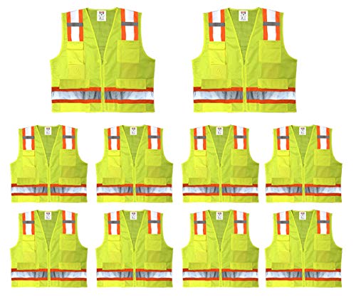 High Visibility Surveyor Vest - 10 Pack Medium, Solid Front & Mesh Back for Breathability - Ideal for Construction, Road Work & Safety Inspections