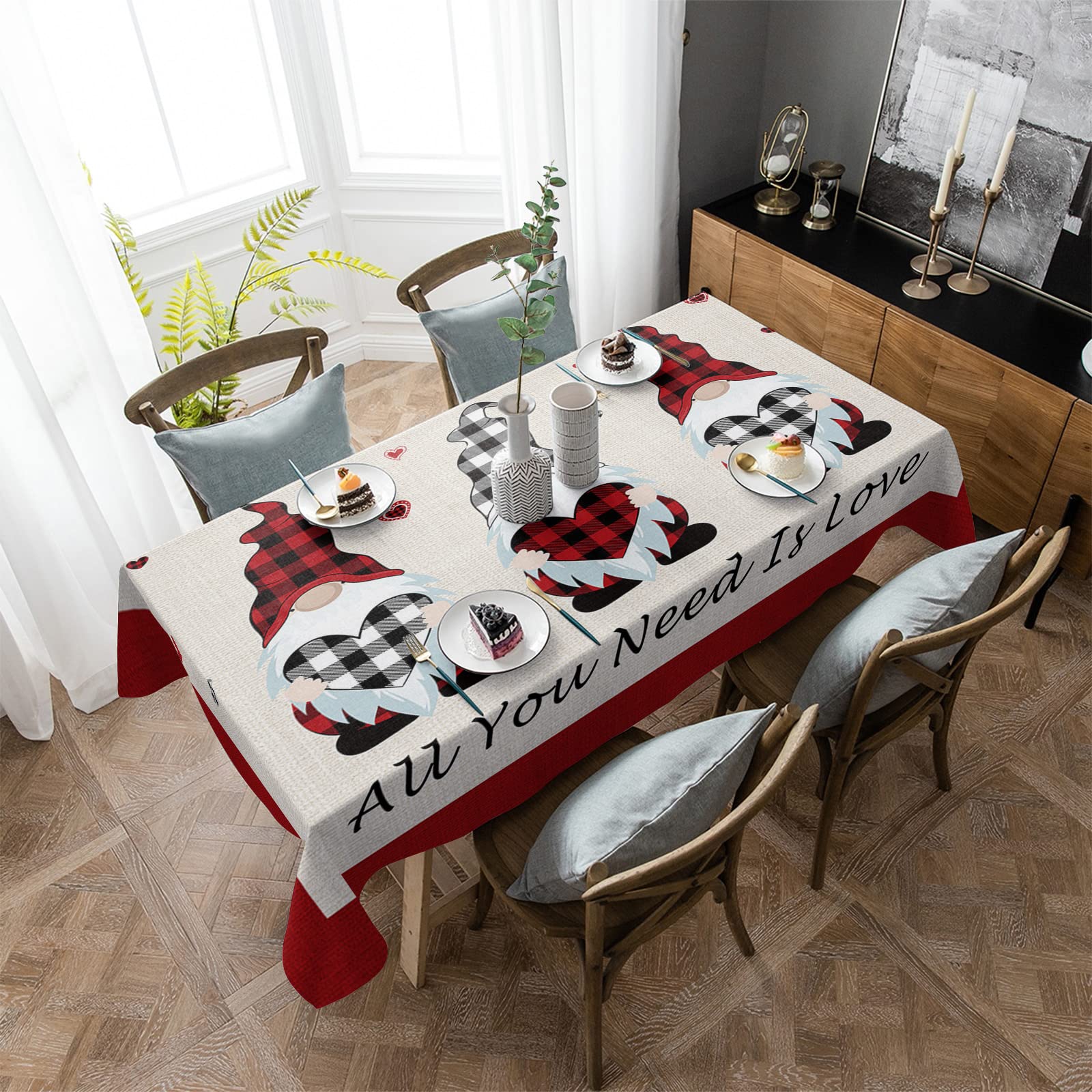 Valentine Gnomes Waterproof Tablecloth 60x84 Inches - Rectangle Burlap Table Cover for Outdoor Dining, Kitchen Decor & Romantic Backdrop | Perfect for Valentine's Day Parties, Picnics & Home Decor