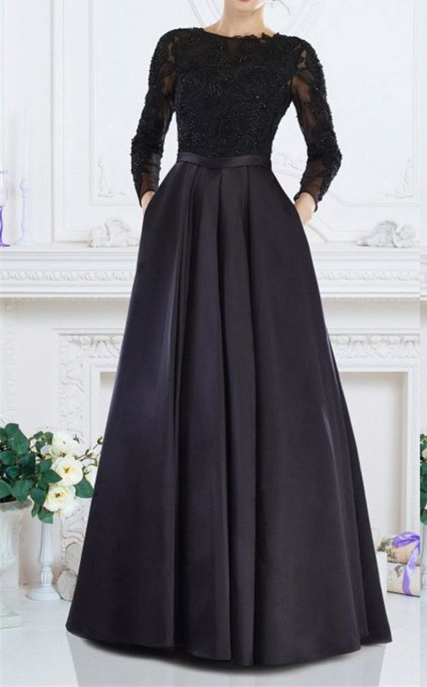 Elegant Black Lace Long Sleeve Round Neck Evening Dress for Women - Perfect for Formal Events, Parties & Special Occasions