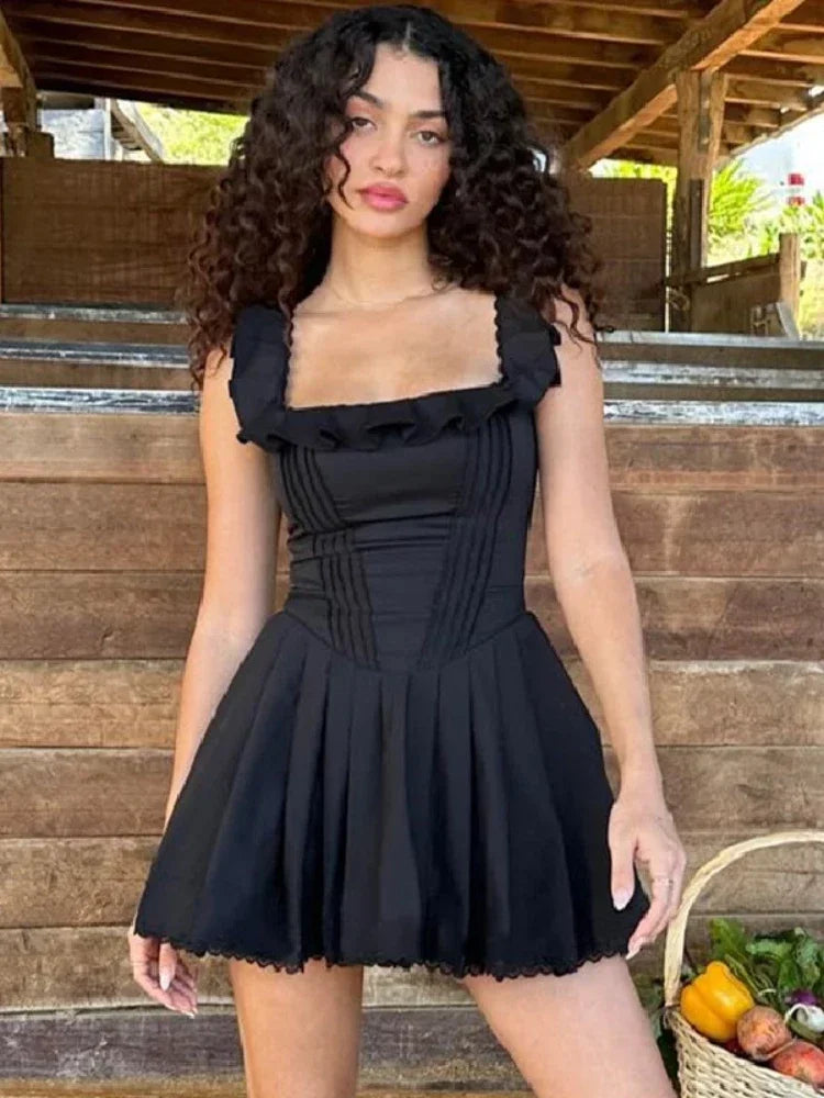 Black Corset Dress with French Vintage Lace Trim - Square Neck Sleeveless A-Line Short Dress for Women | Summer 2023 Fashion | Perfect for Cocktail Parties, Date Nights & Special Occasions