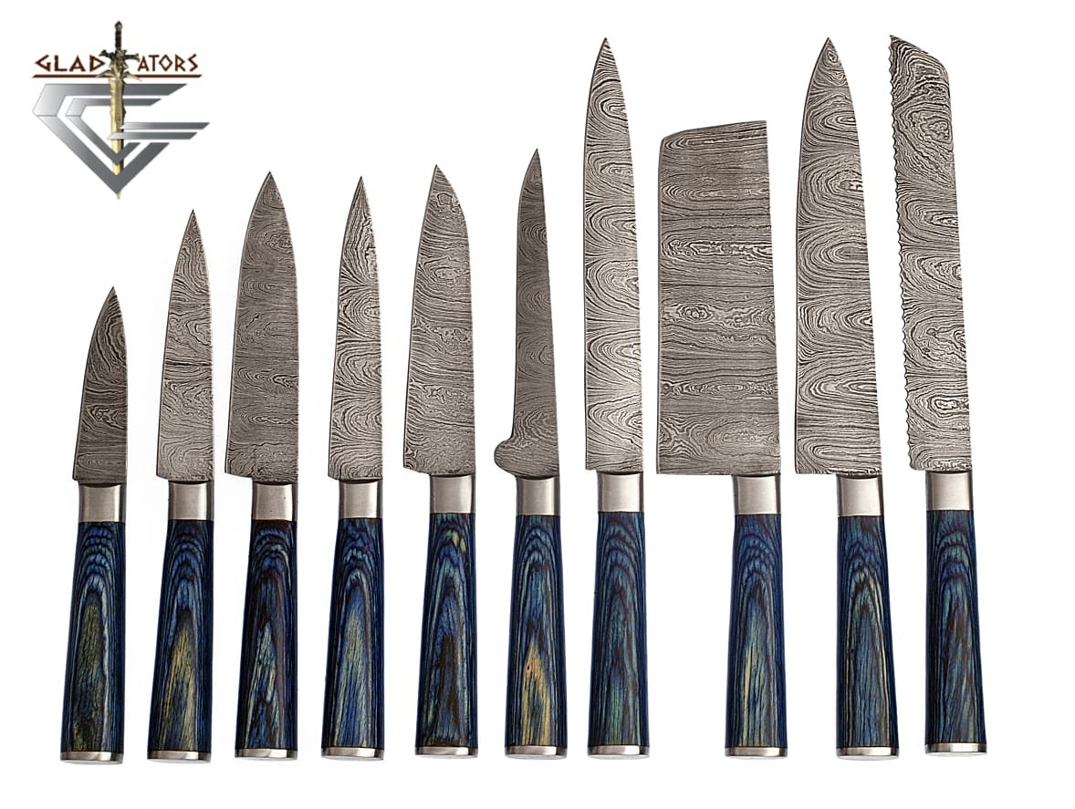 Premium Damascus Steel 10-Piece Professional Chef Knife Set - G25 Custom Kitchen Knives with Blue Wood Handle & Roll Bag - Perfect for Home Cooking, Restaurant Use, and Culinary Gifts