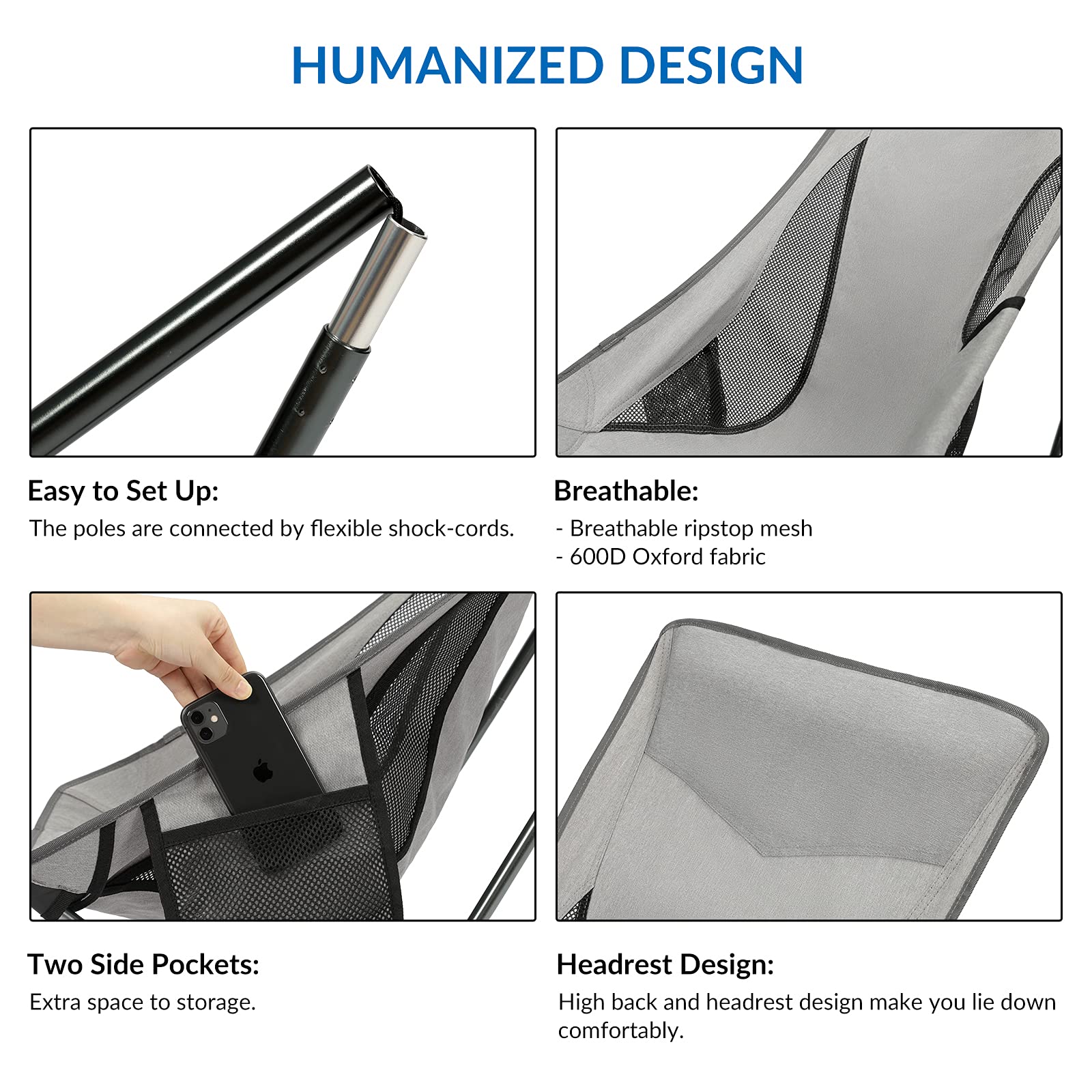 Premium All-Aluminum Folding Camping Chair for Adults - Heavy Duty Portable High Back Collapsible Chair with Built-in Pillow & Side Pocket - Perfect for Backpacking, Hiking, Beach, Picnics & Outdoor Events