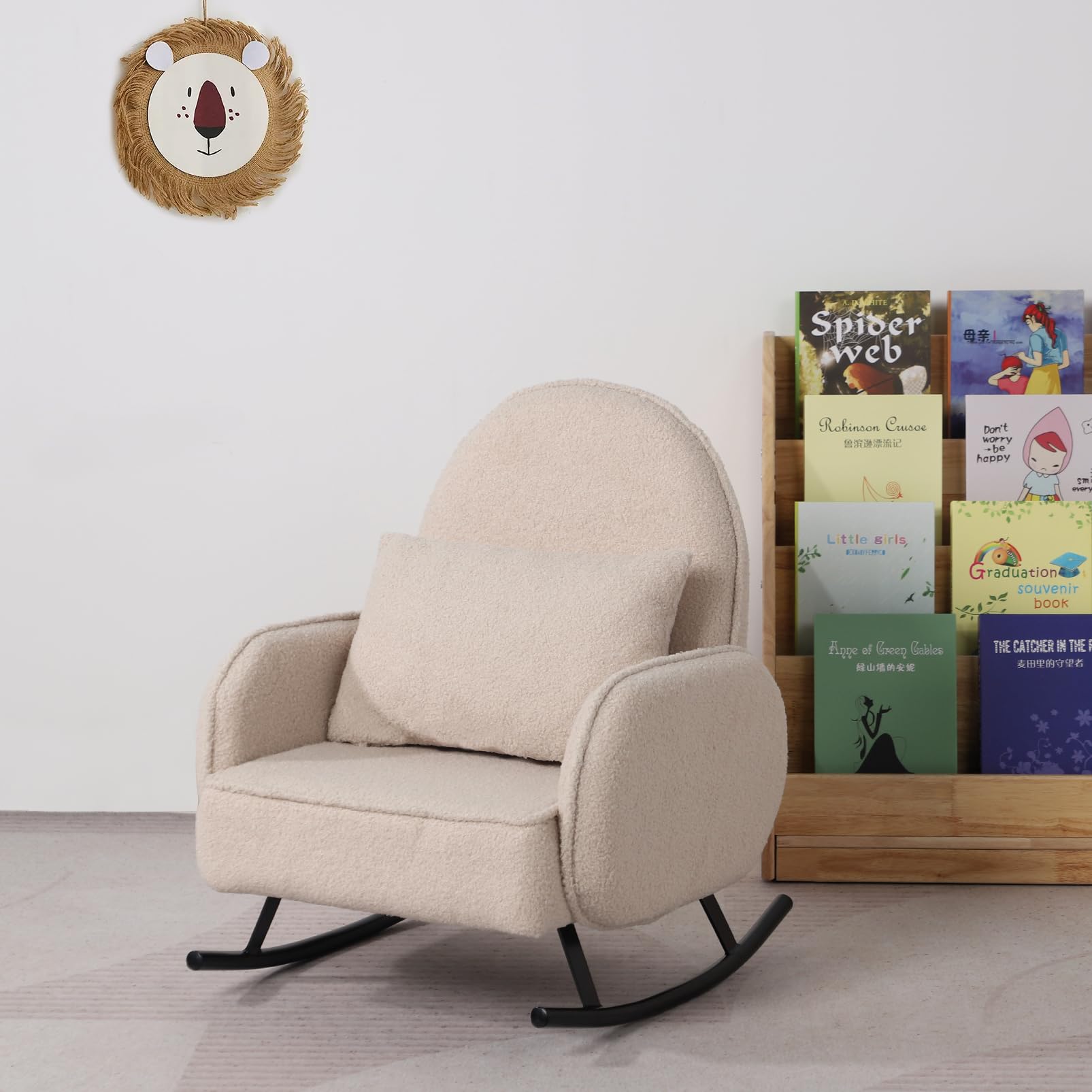 Baby Rocking Chair for Toddlers - Kids Rocking Armchair with Shaky Metal Base & Soft Sherpa Fabric - Cozy Nursery Rocker for Boys & Girls (Beige) | Perfect for Reading Nook, Bedtime Stories & Playroom Relaxation