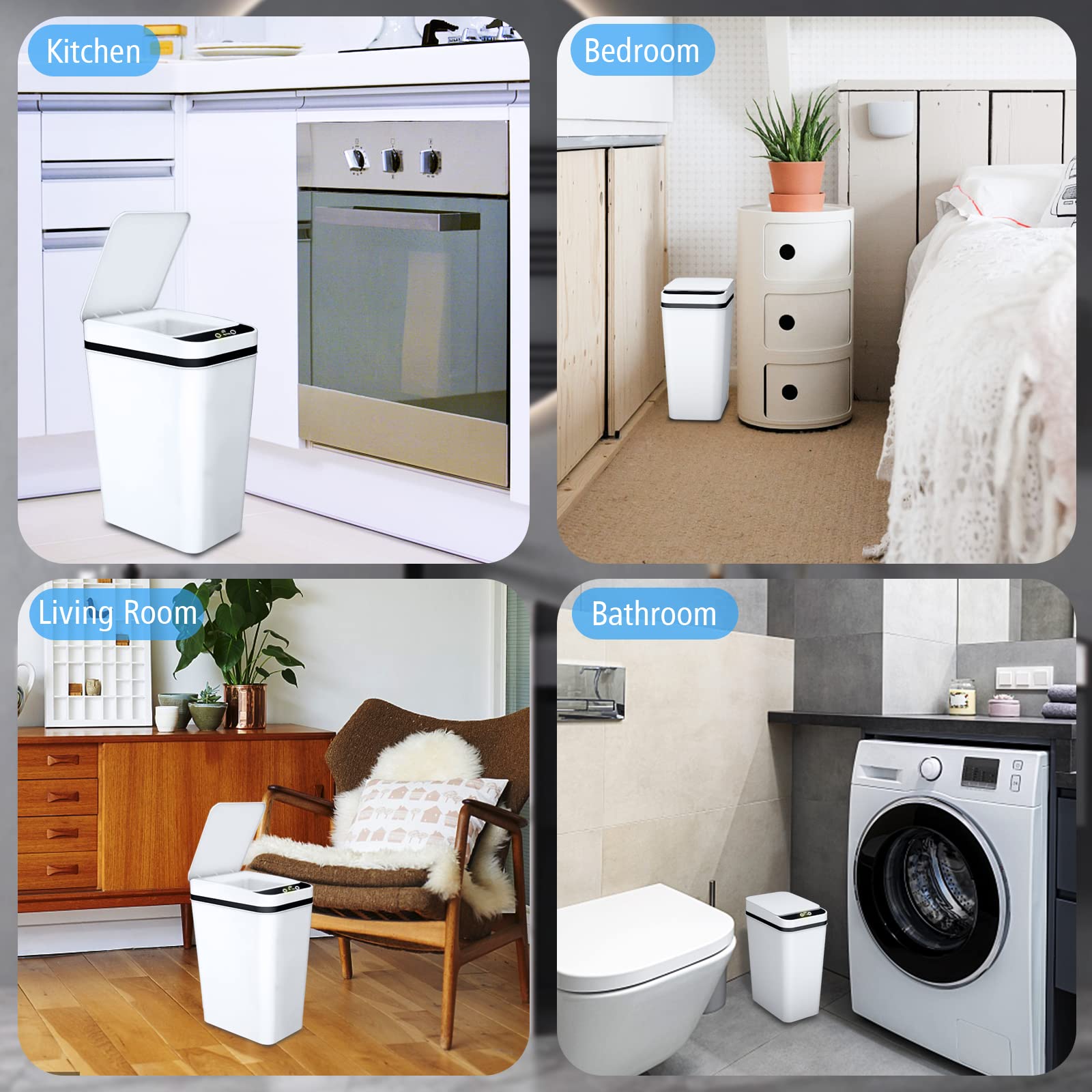 2 Pack Automatic Motion Sensor Trash Can with Lid - 2.6 Gallon Touchless Slim Waterproof Garbage Bin for Bathroom, Bedroom, Office & Living Room | Perfect for Hands-Free Waste Disposal in Small Spaces - White