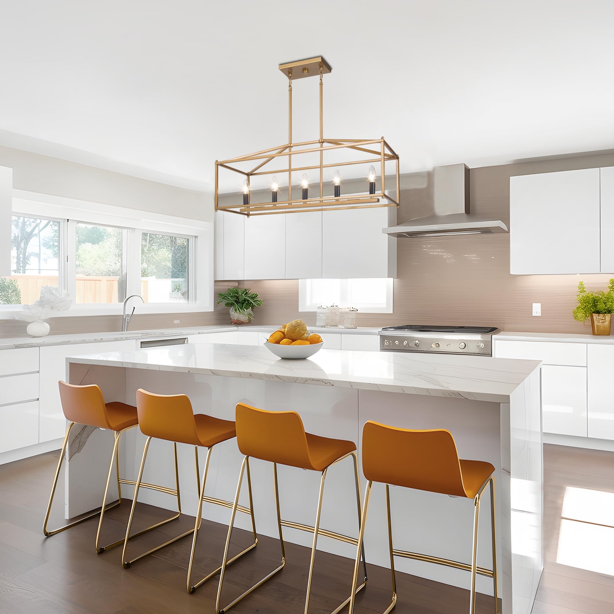 LOG BARN Gold Island Chandelier - Modern Linear LED Pendant Light Fixture for Dining Room, Kitchen Island | Dimmable Hanging Light for Home Decor, Restaurant Lighting