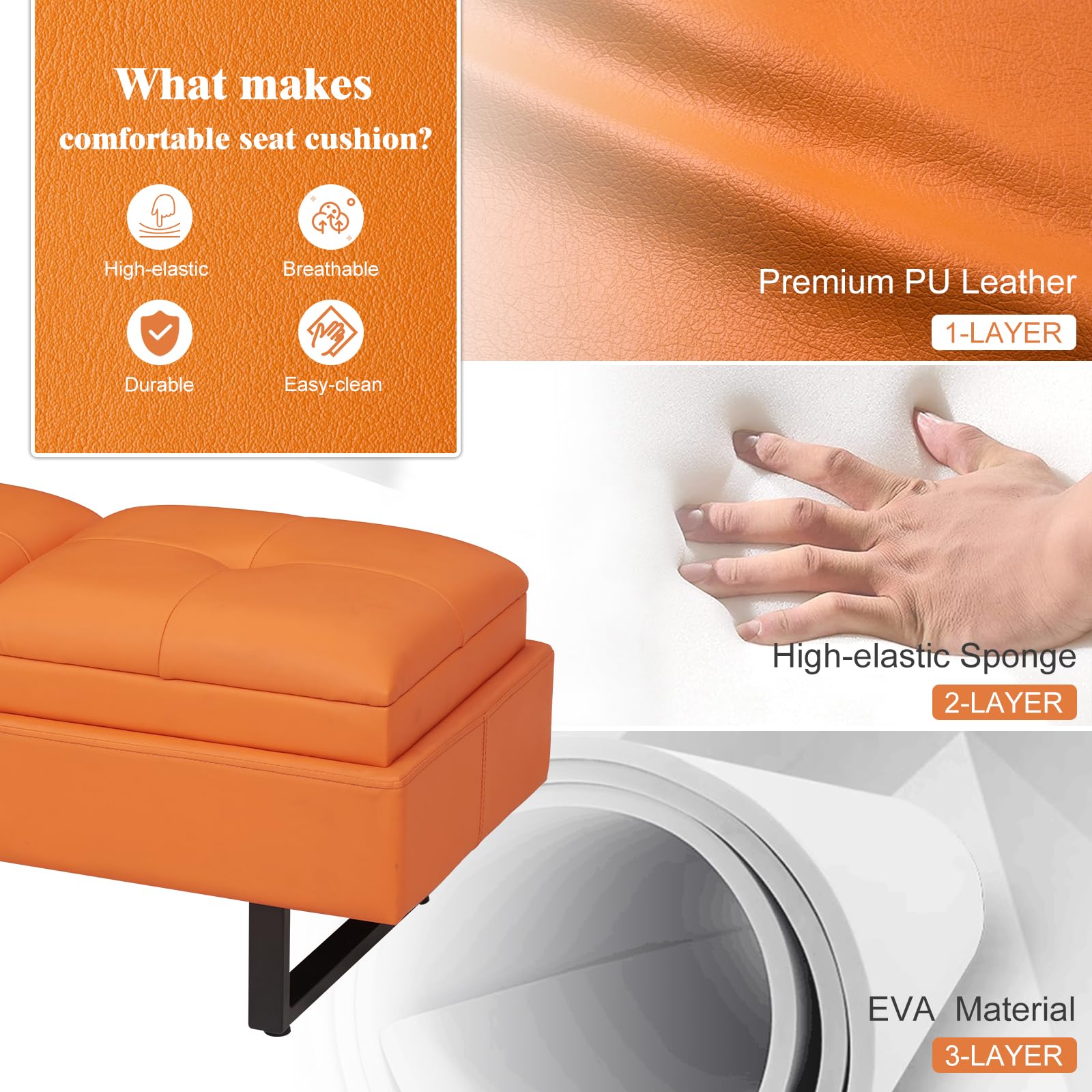 Modern Reception Chairs 3-Seat Waiting Room Bench with Thickened Cushion - PU Leather Entryway Sofa for Office, Salon & Lobby - Comfortable Seating Solution for Waiting Areas, Living Rooms & Commercial Spaces (Orange)