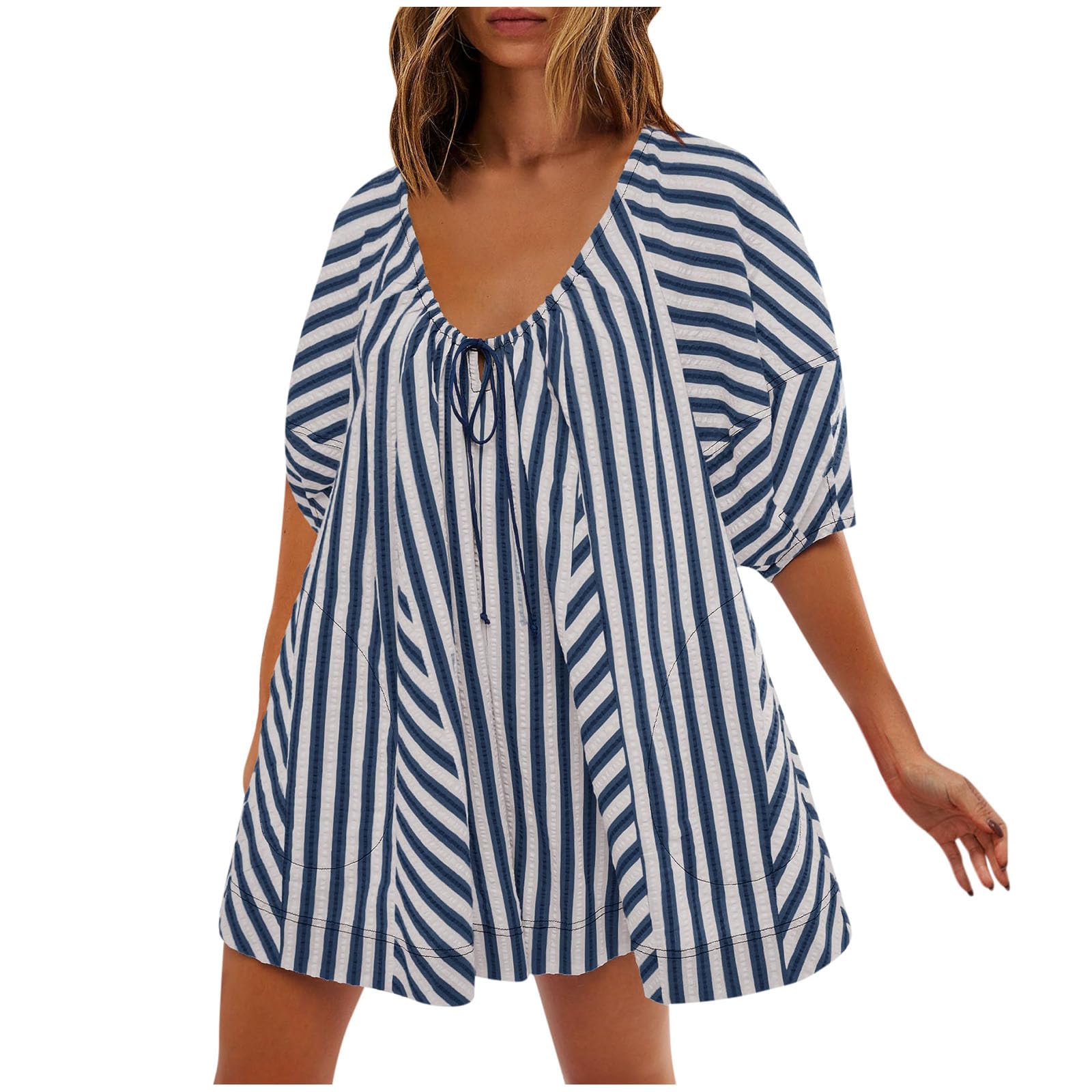 Hlysgo Women's Striped Rompers - Casual V-Neck Jumpsuit with Pockets for Summer Outings