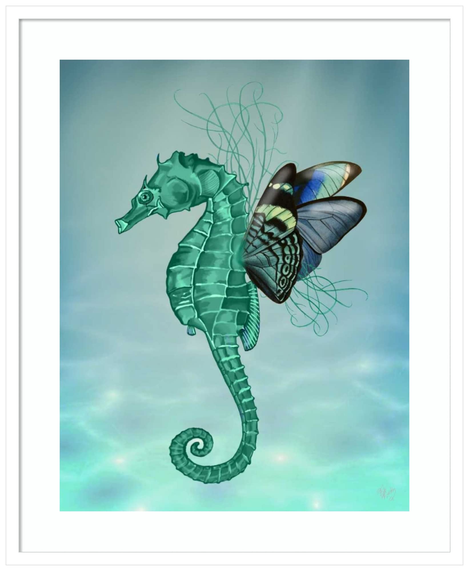 Amanti Art Framed Wall Decor - 33x27 Winged Seahorse Print by Fab Funky | Whimsical Animal Wall Art for Living Room, Bedroom, Office | Large Coastal-Themed Painting for Beach House & Nautical Decor