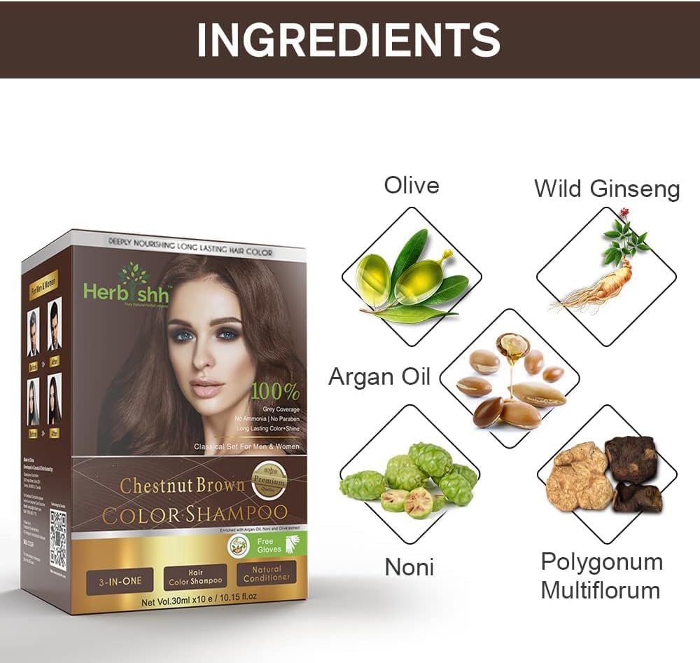 Herbishh Chestnut Brown Hair Color Shampoo & Rice Water Shampoo for Hair Growth - Natural Hair Dye & Volumizing Treatment for Women & Men - At-Home Salon Results for Dry, Damaged & Gray Hair Care