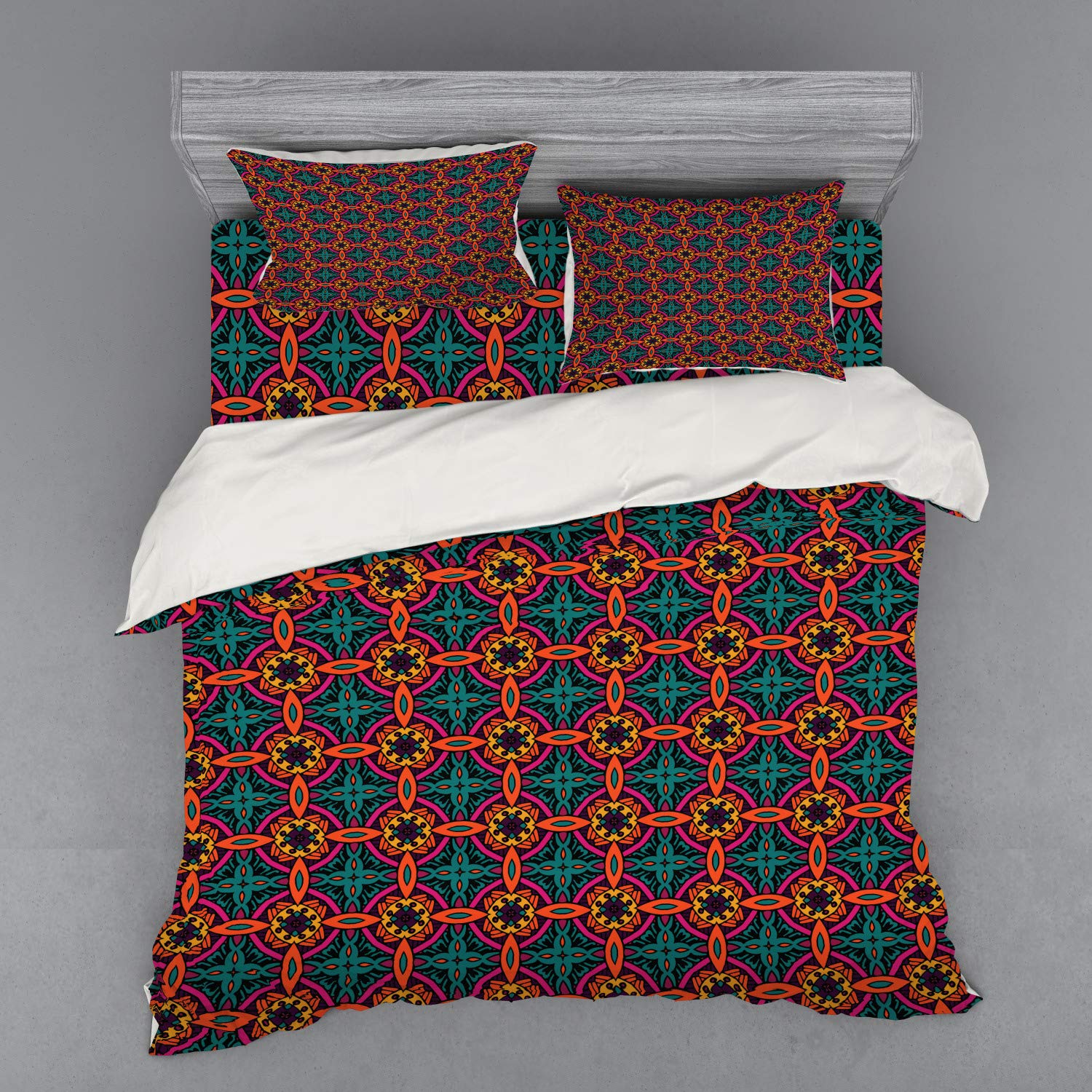 Ambesonne Floral Bedding Set 4-Piece - King Size Duvet Cover with Shams & Fitted Sheet, Blooming Foliage Leaves Design, Multicolor Oriental Inspired Bedroom Decor | Perfect for Master Bedroom, Guest Room & Boho Chic Home Styling