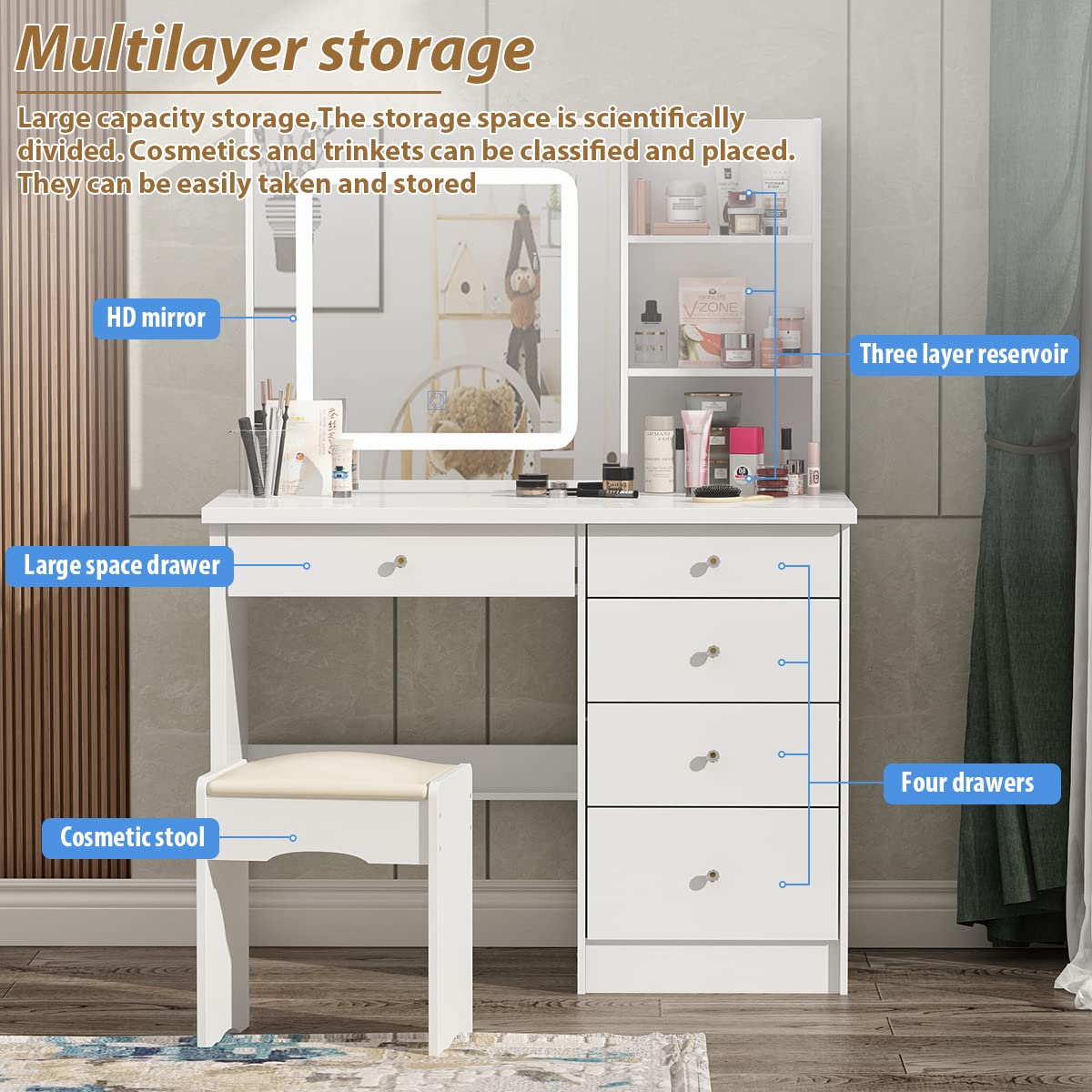 Large Vanity Table Set with Lighted Mirror - 5 Drawers & Shelves Makeup Dressing Desk with Cushioned Stool - White Vanity Set for Bedroom, Bathroom & Dorm Room Organization