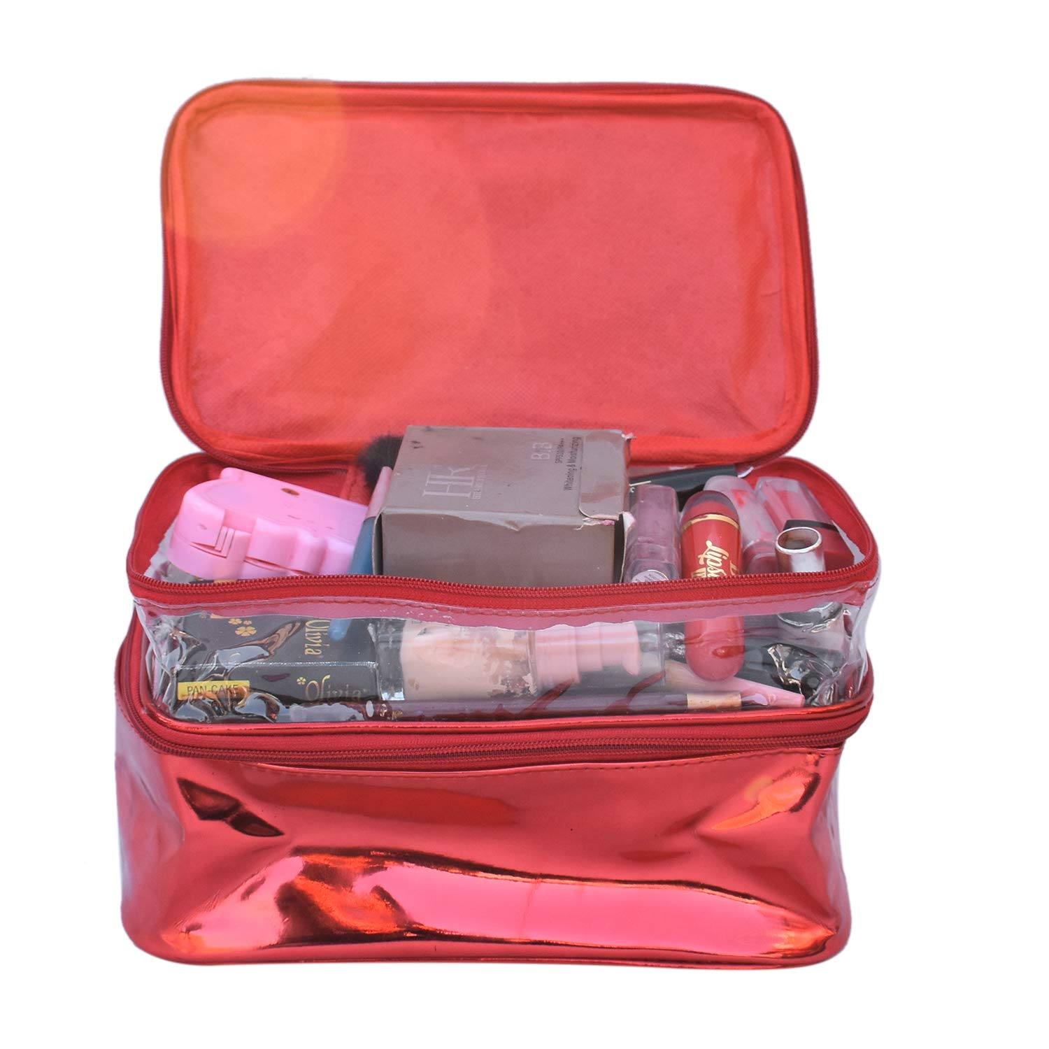 NA PURSE Red Makeup Box Cosmetic Bag & Pouch (3-Fold) - Travel Organizer for Cosmetics, Toiletries, Jewelry | Perfect for Women's Handbag, Gym, Vacation Essentials